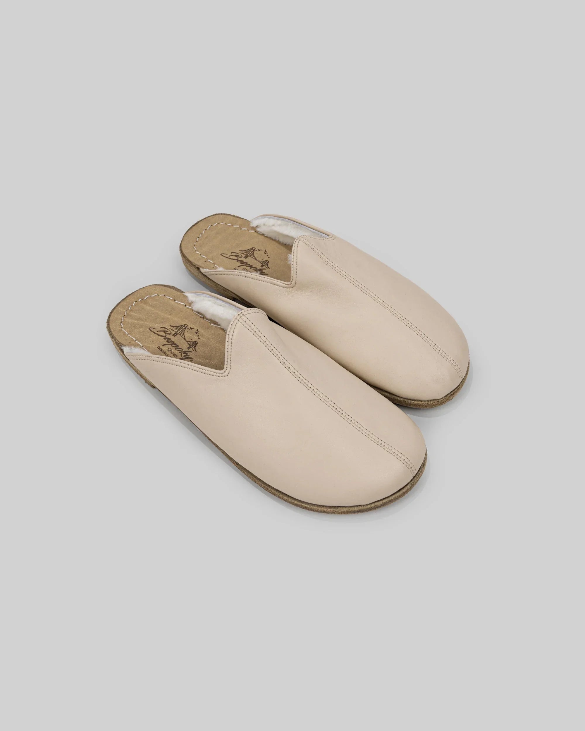 Men's Beige Shearling Slippers - Handcrafted Calf Leather Wide Toe Box | Bespoky