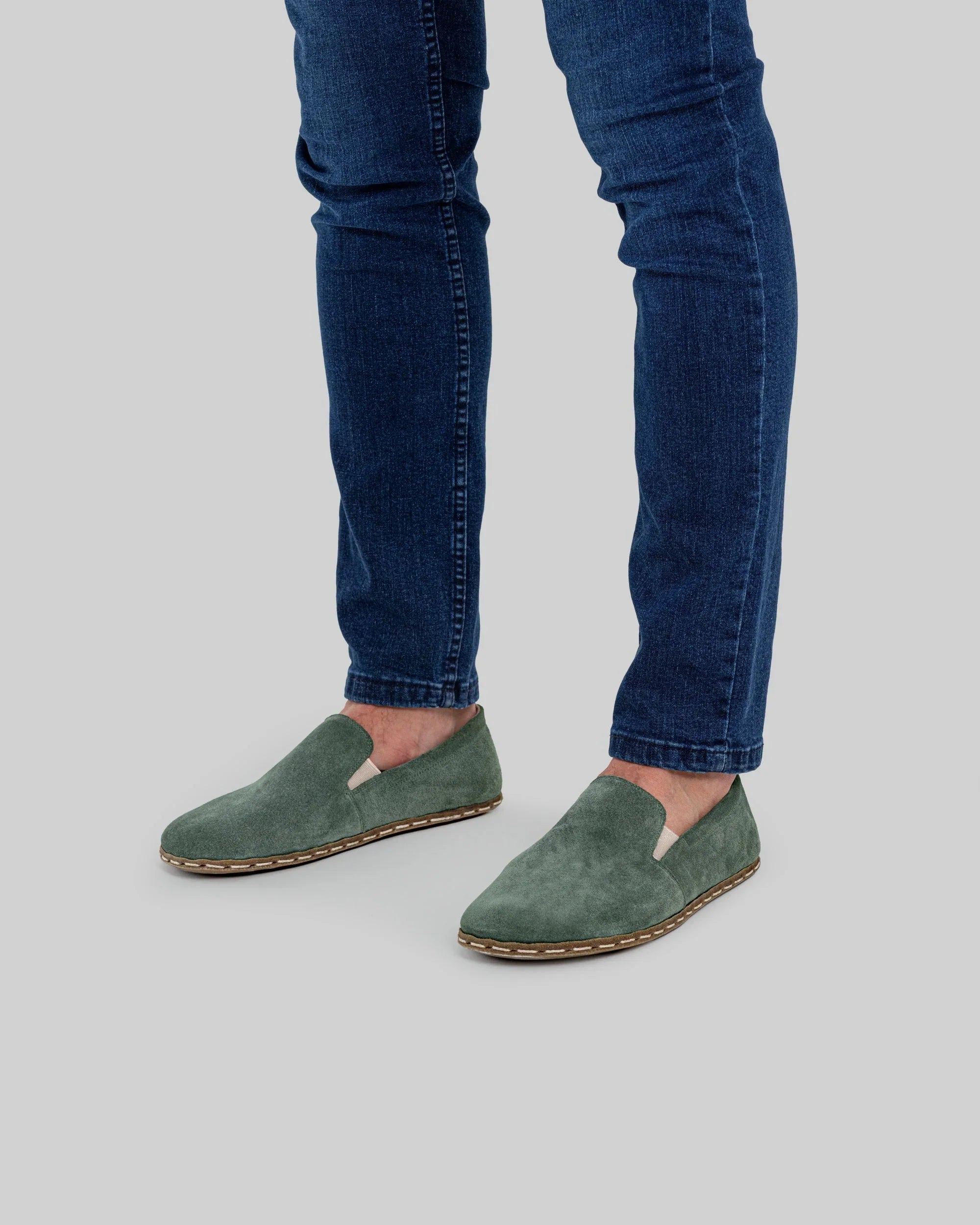 Side view Green Suede Barefoot Shoes - Calf Leather Zero Drop | Bespoky