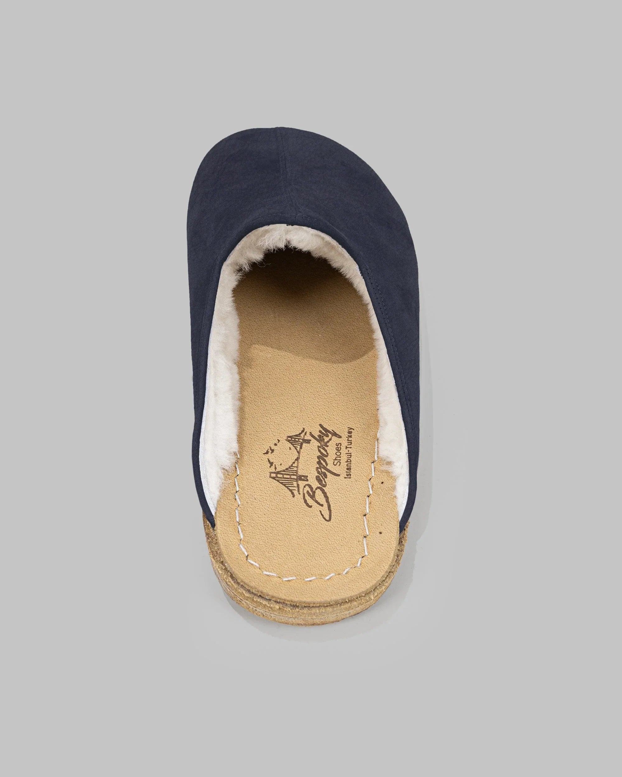 Top view Navy Nubuck Shearling Slippers - Handcrafted Calf Leather | Bespoky