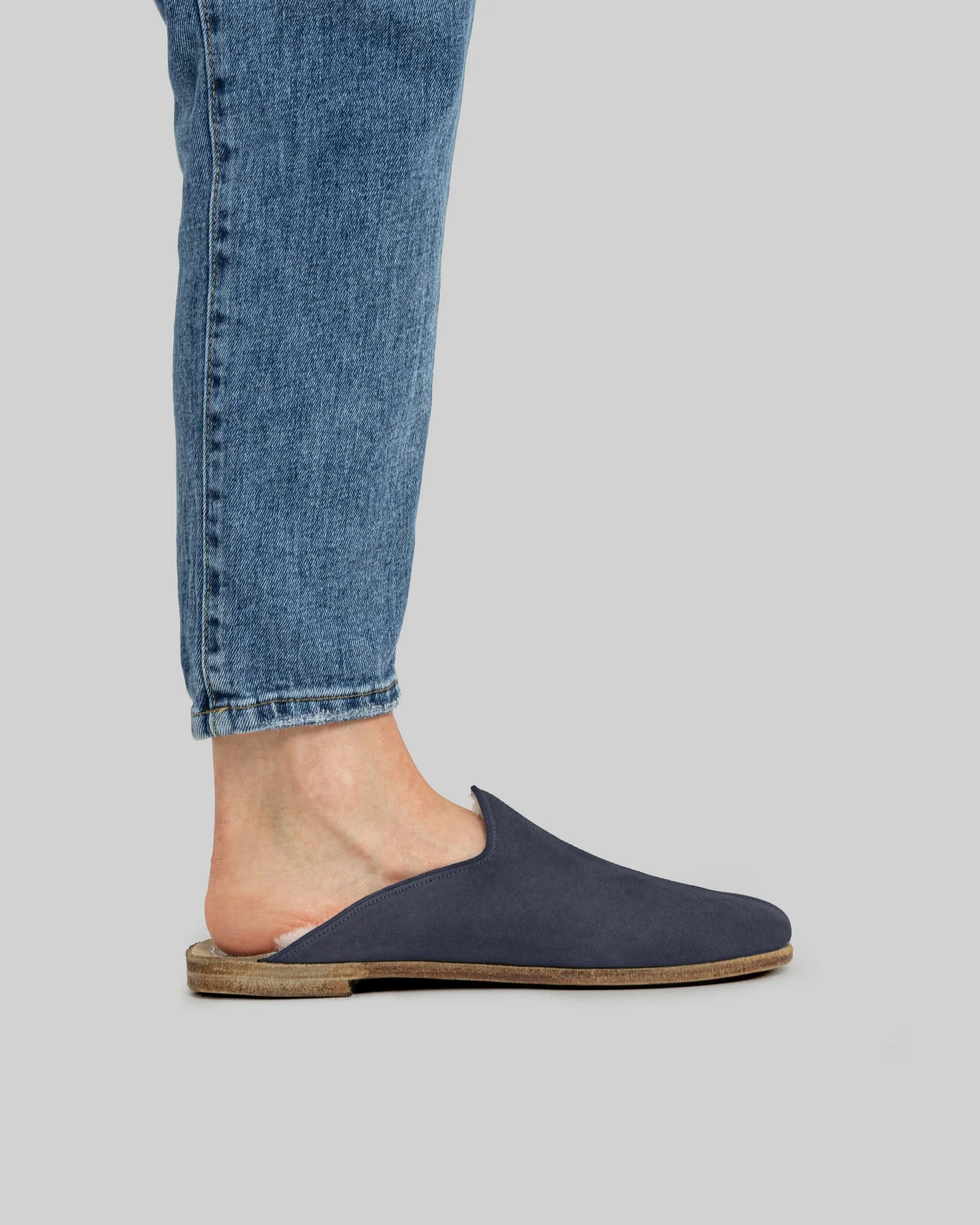 Pair Navy Nubuck Shearling Slippers - Barefoot Wide Toe Calf Leather | Bespoky