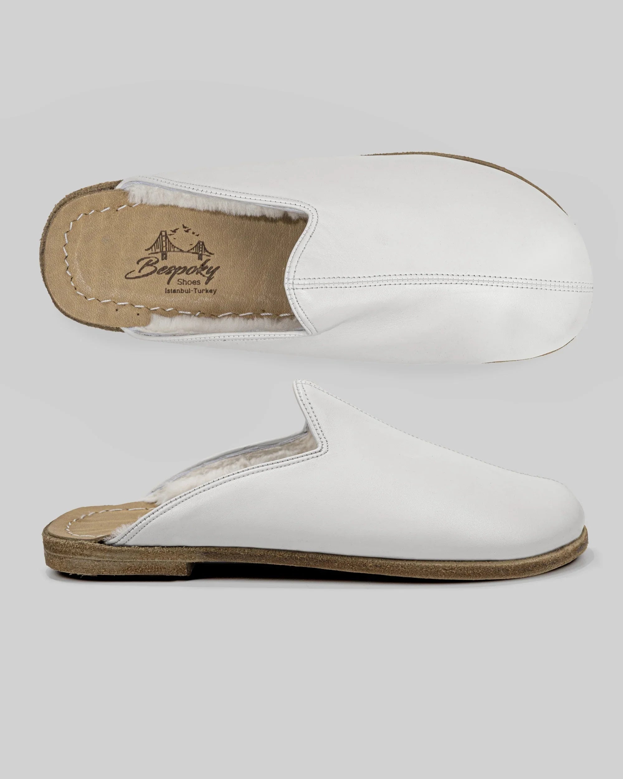 Back view White Shearling Slippers - Calf Leather Handcrafted | Bespoky