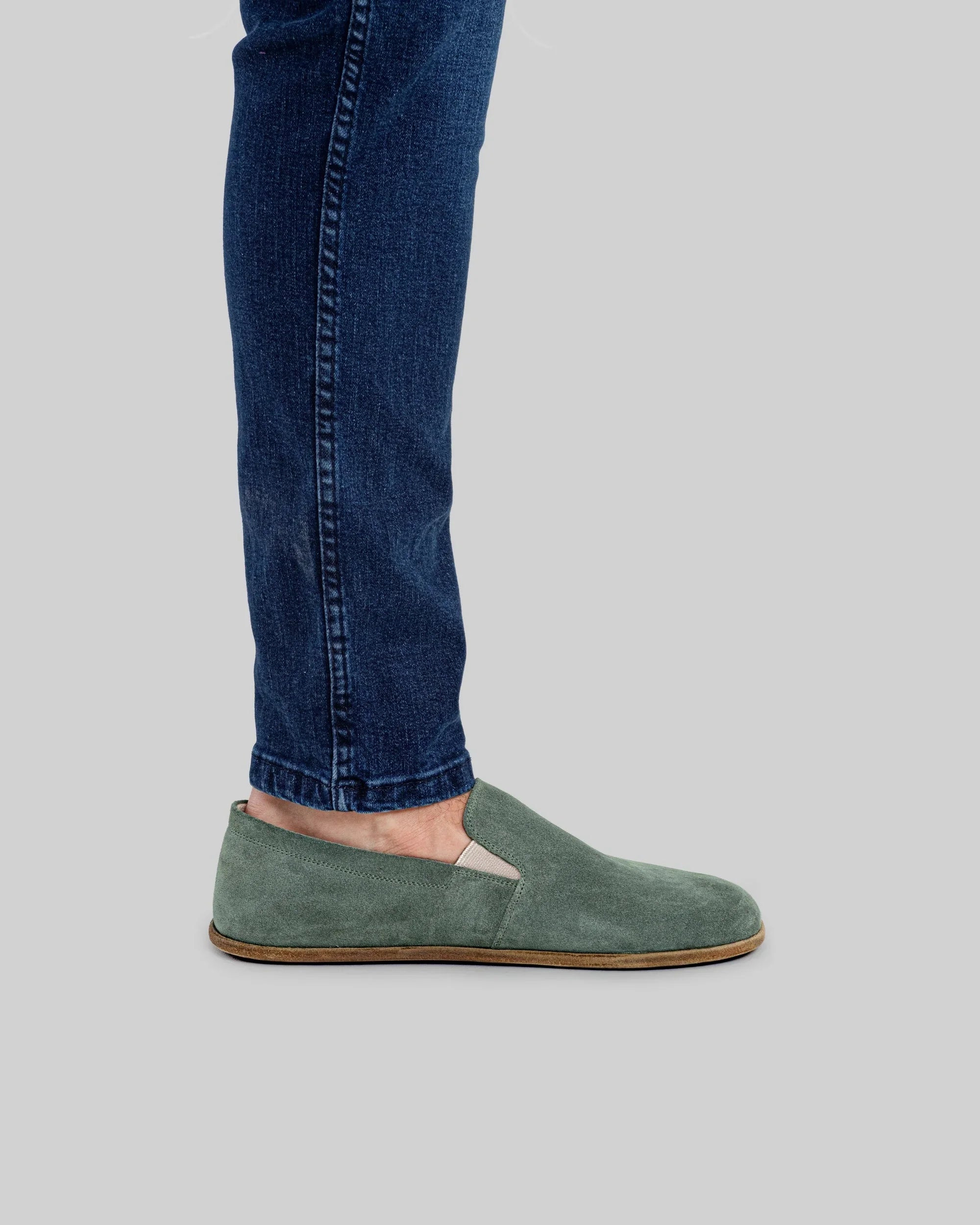 Detail Green Suede Barefoot Shoes - Handcrafted Calf Leather Turkey | Bespoky