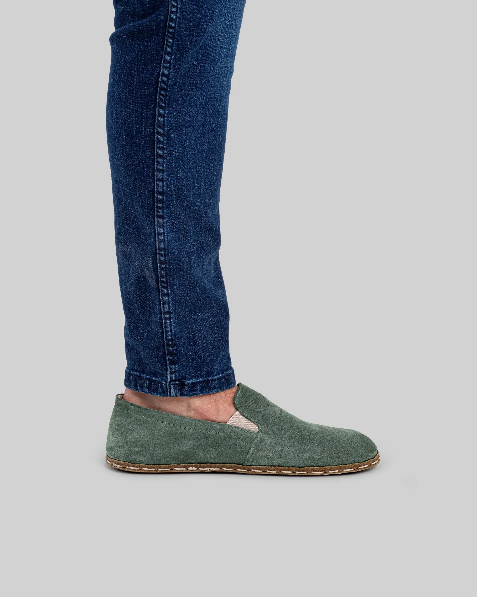 Detail Green Suede Barefoot Shoes - Handcrafted Calf Leather Turkey | Bespoky