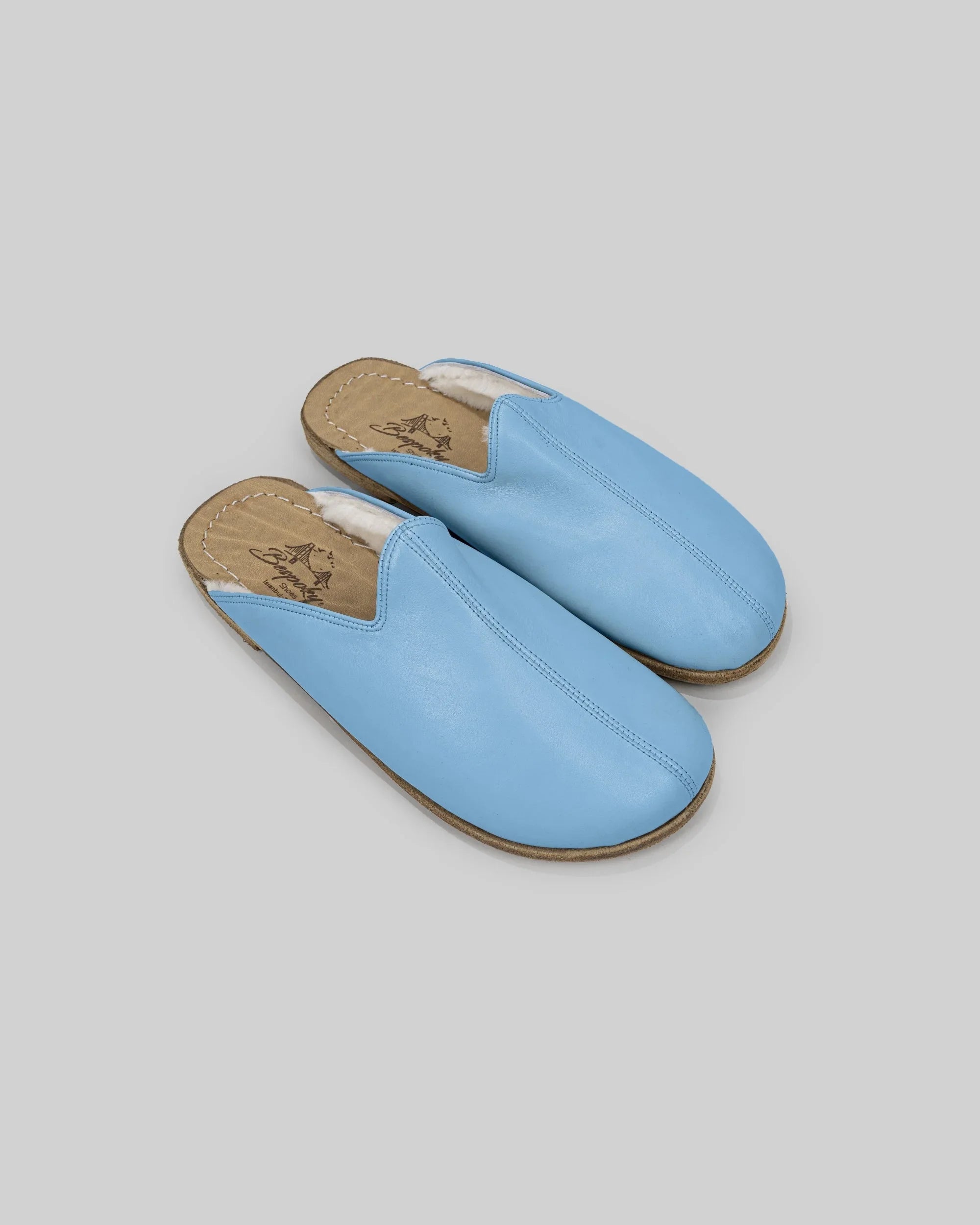 Men's Baby Blue Shearling Slippers - Handcrafted Calf Leather Wide Toe Box | Bespoky
