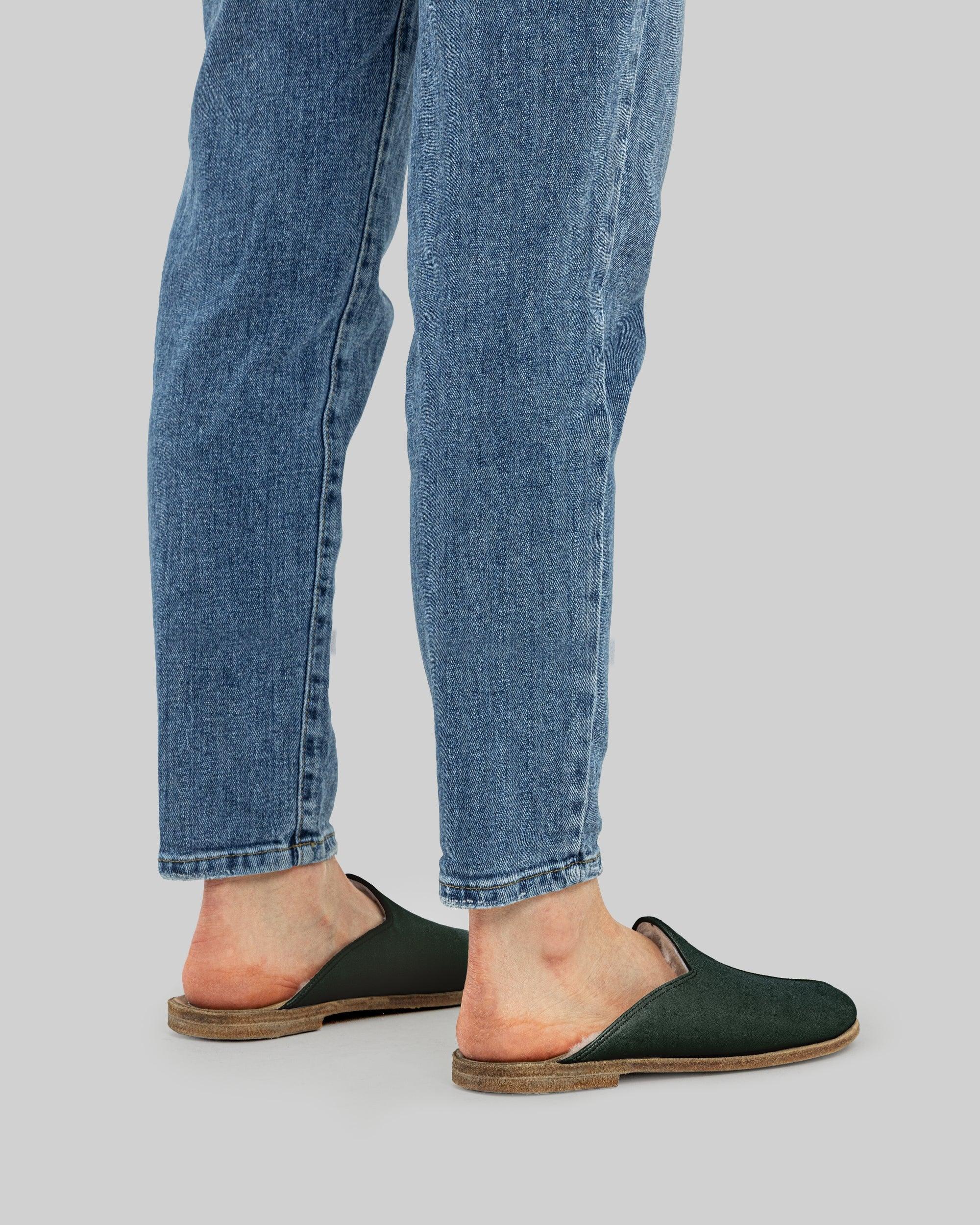 Detail Dark Green Shearling Slippers - Handcrafted Calf Leather Turkey | Bespoky