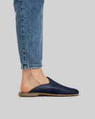 Pair Navy Blue Shearling Slippers - Barefoot Wide Toe Calf Leather | Bespoky