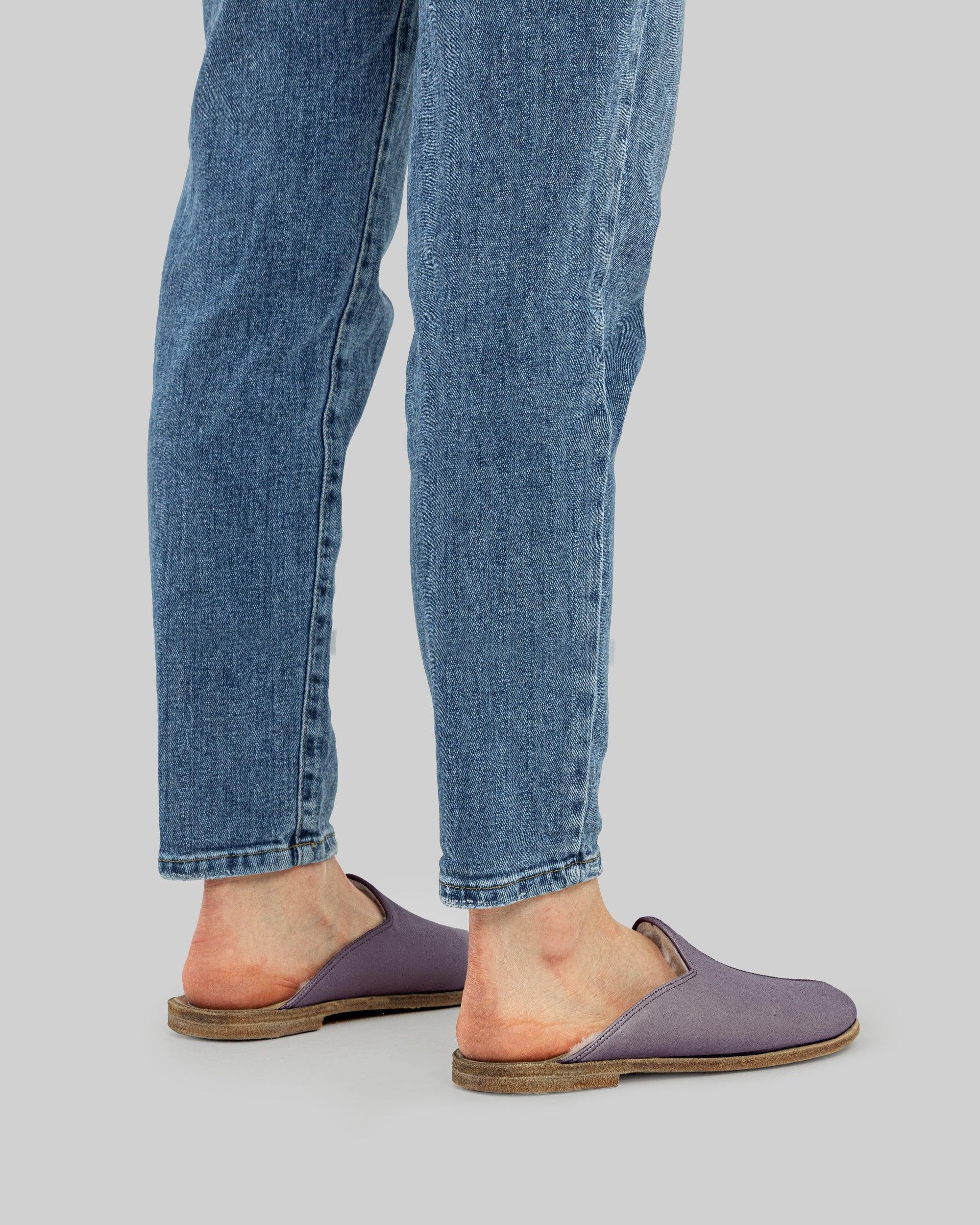 Detail Purple Shearling Slippers - Handcrafted Calf Leather Turkey | Bespoky