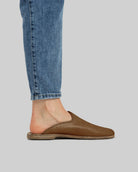 Pair Dark Tan Shearling Slippers - Barefoot Wide Toe Calf Leather | Bespoky