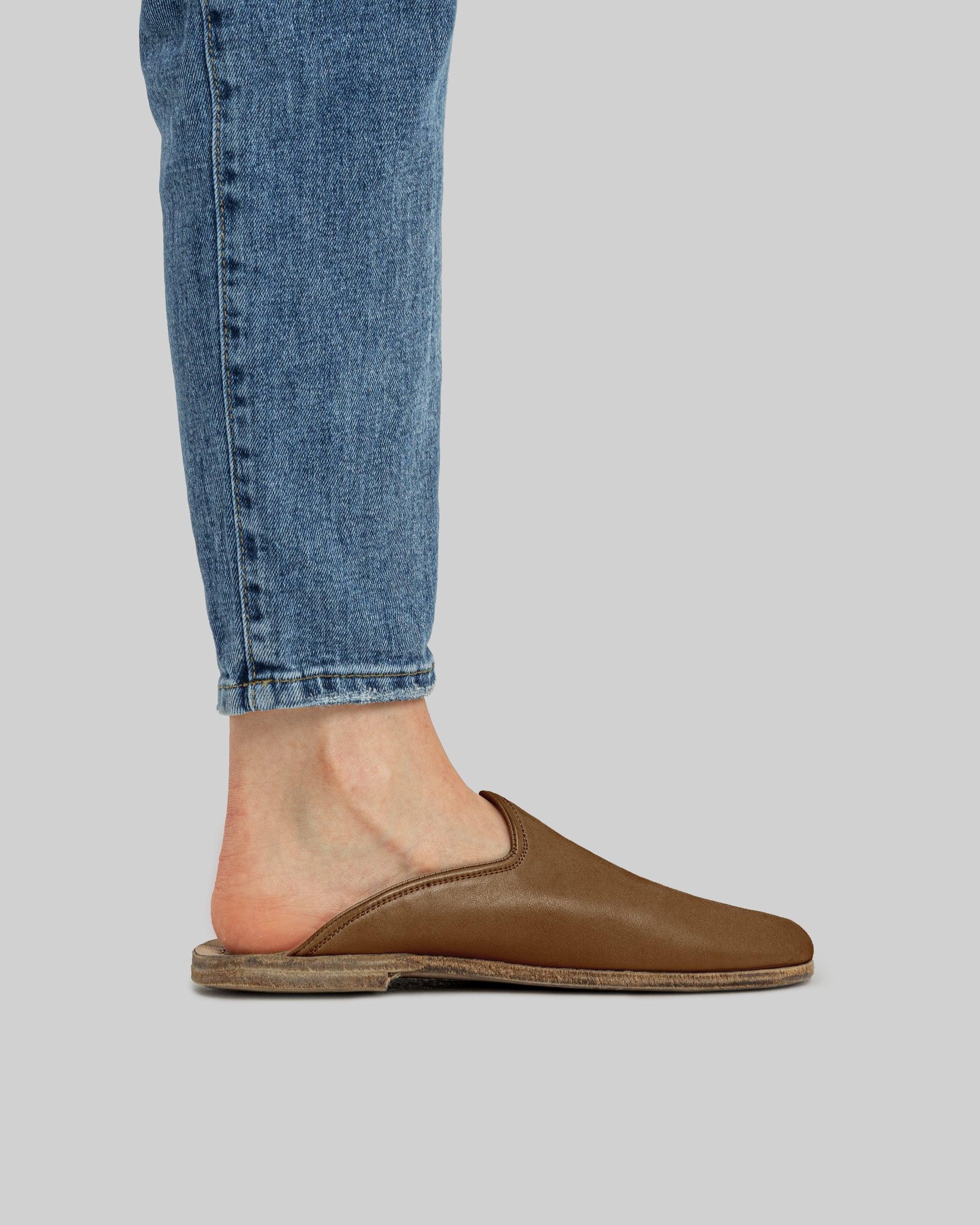Pair Dark Tan Shearling Slippers - Barefoot Wide Toe Calf Leather | Bespoky