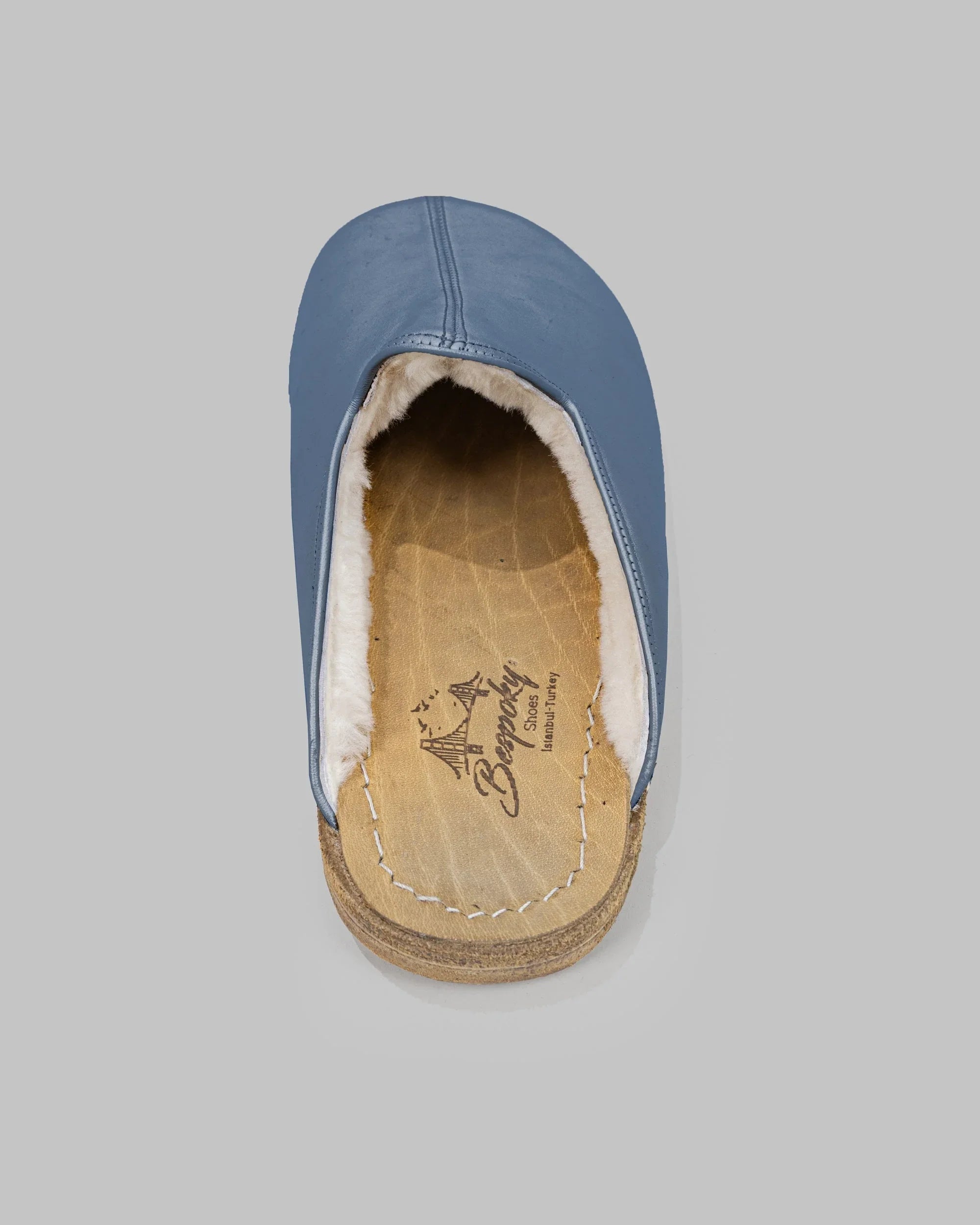 Back view Jean Blue Shearling Slippers - Calf Leather Handcrafted | Bespoky