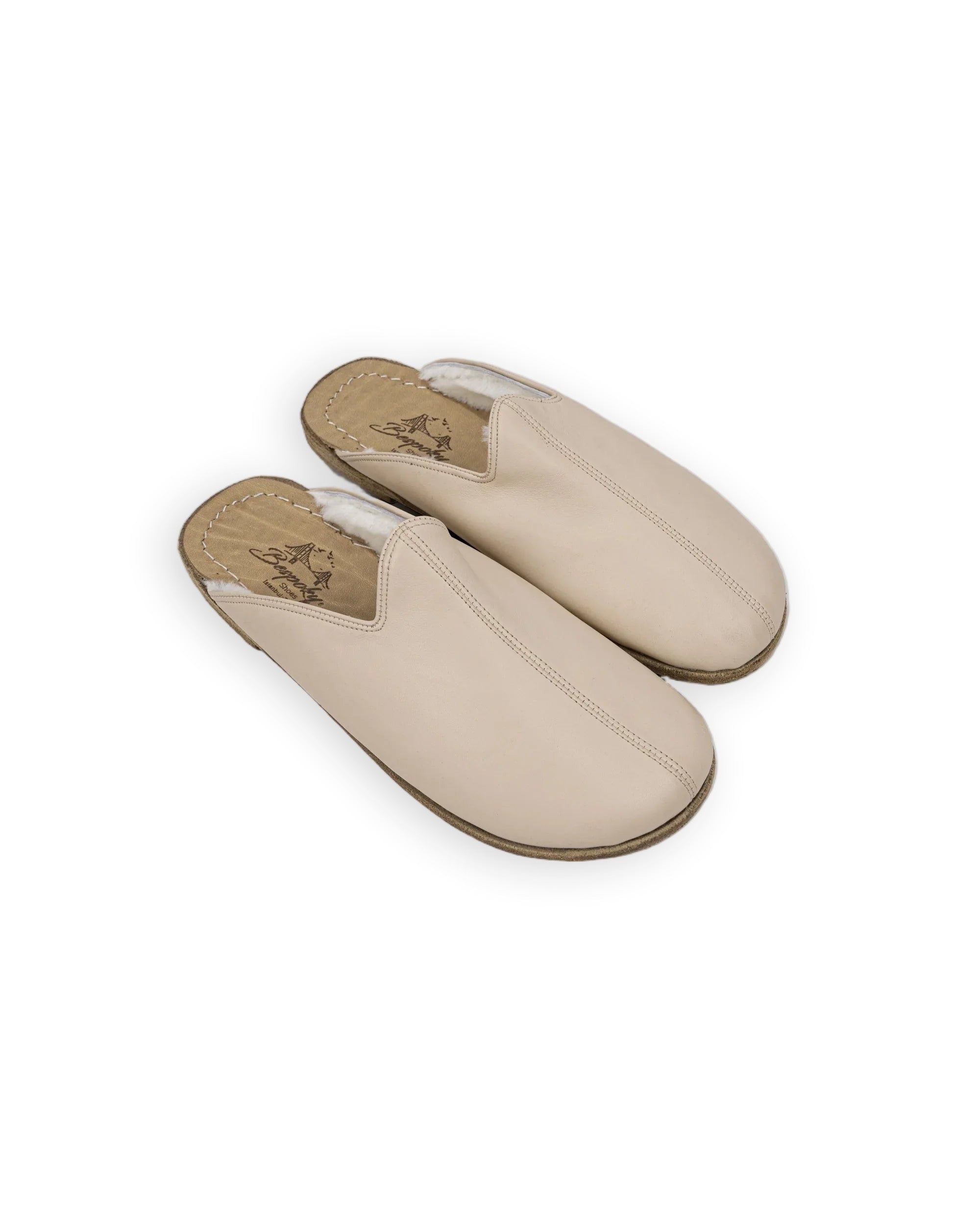 Men's Beige Shearling Slippers - Handcrafted Calf Leather Wide Toe Box | Bespoky
