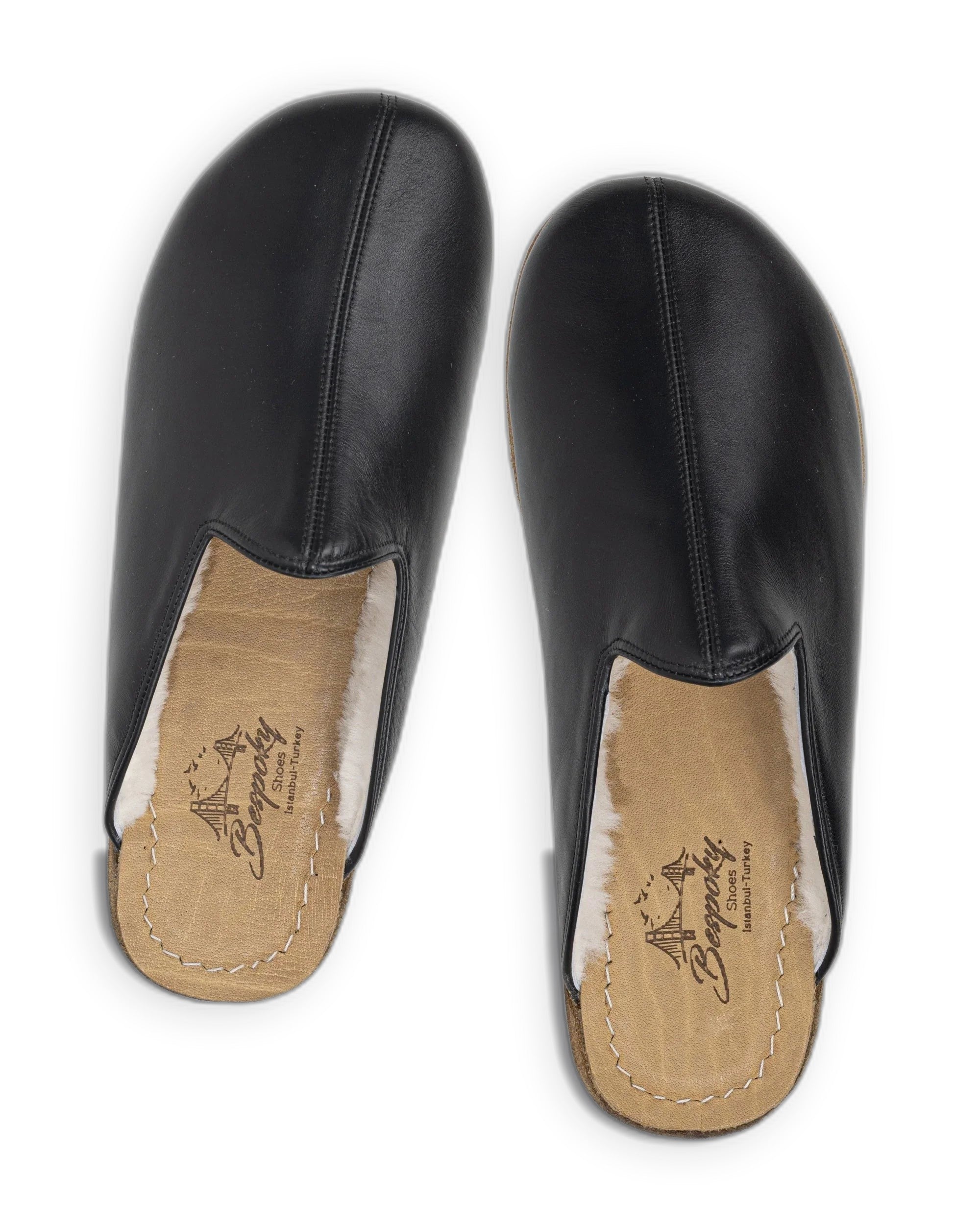 Top view Black Shearling Slippers - Handcrafted Calf Leather | Bespoky
