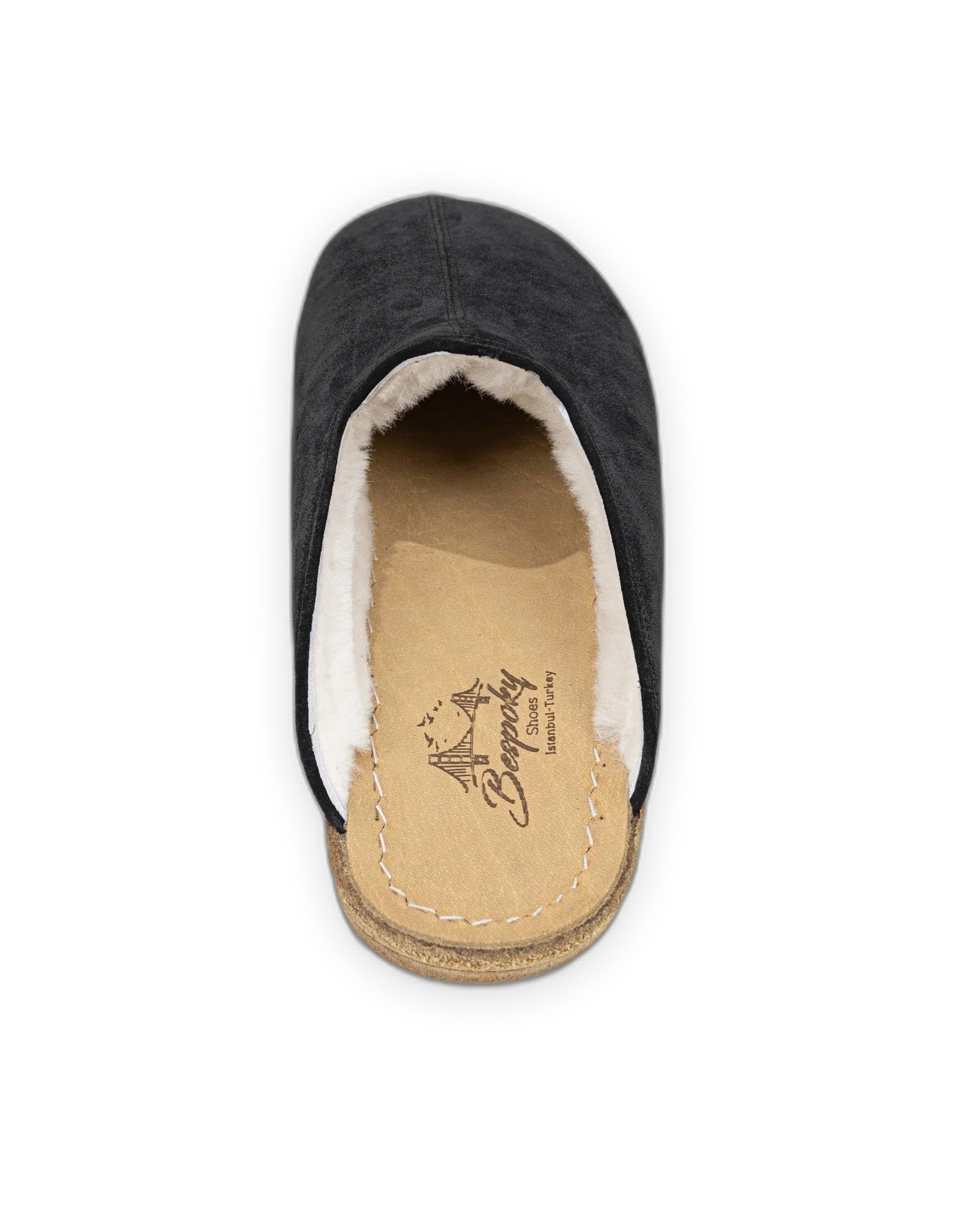 Side view Black Suede Shearling Slippers - Calf Leather Zero Drop | Bespoky