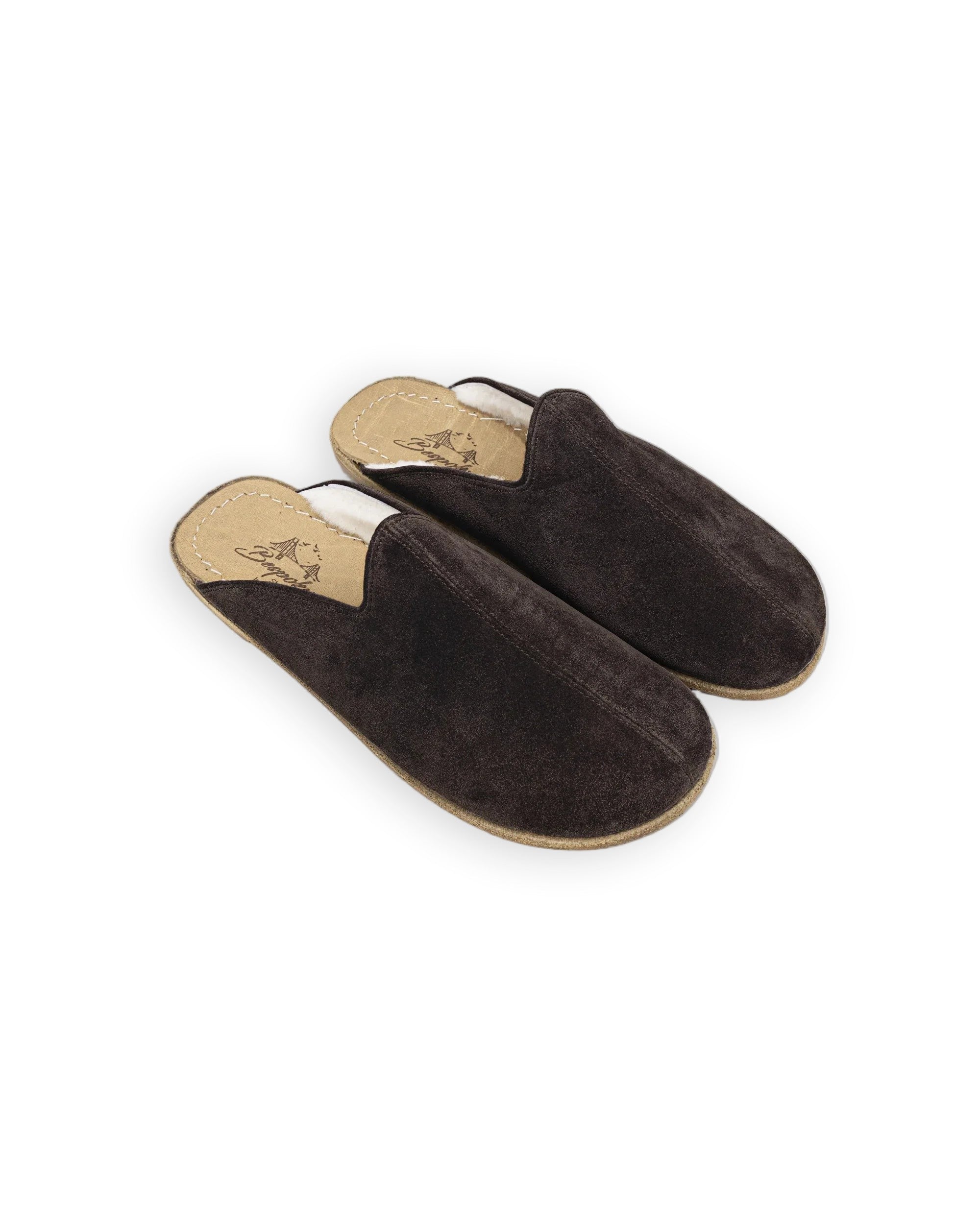 Men's Brown Suede Shearling Slippers - Handcrafted Calf Leather Wide Toe Box | Bespoky