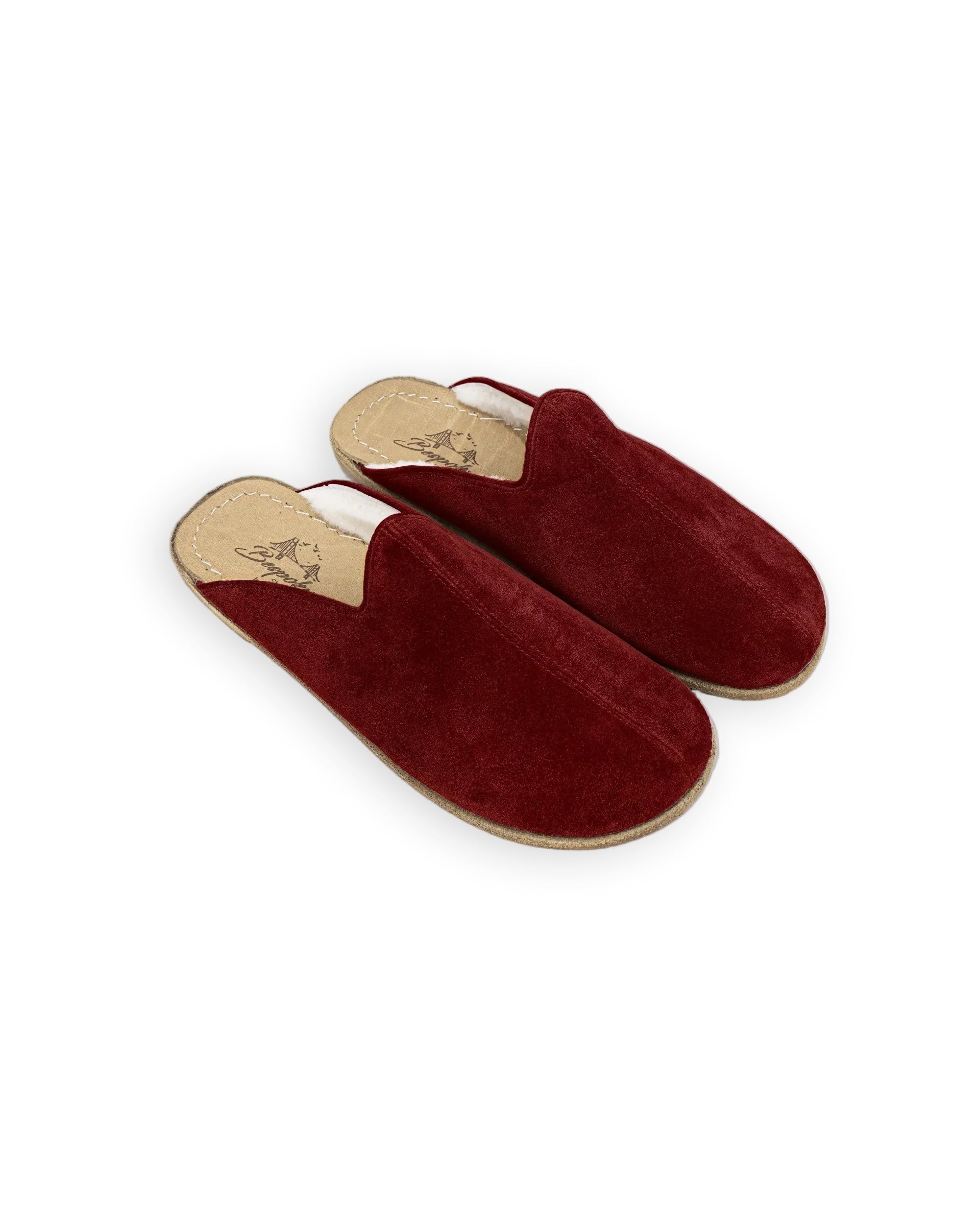 Men's Burgundy Suede Shearling Slippers - Handcrafted Calf Leather Wide Toe Box | Bespoky