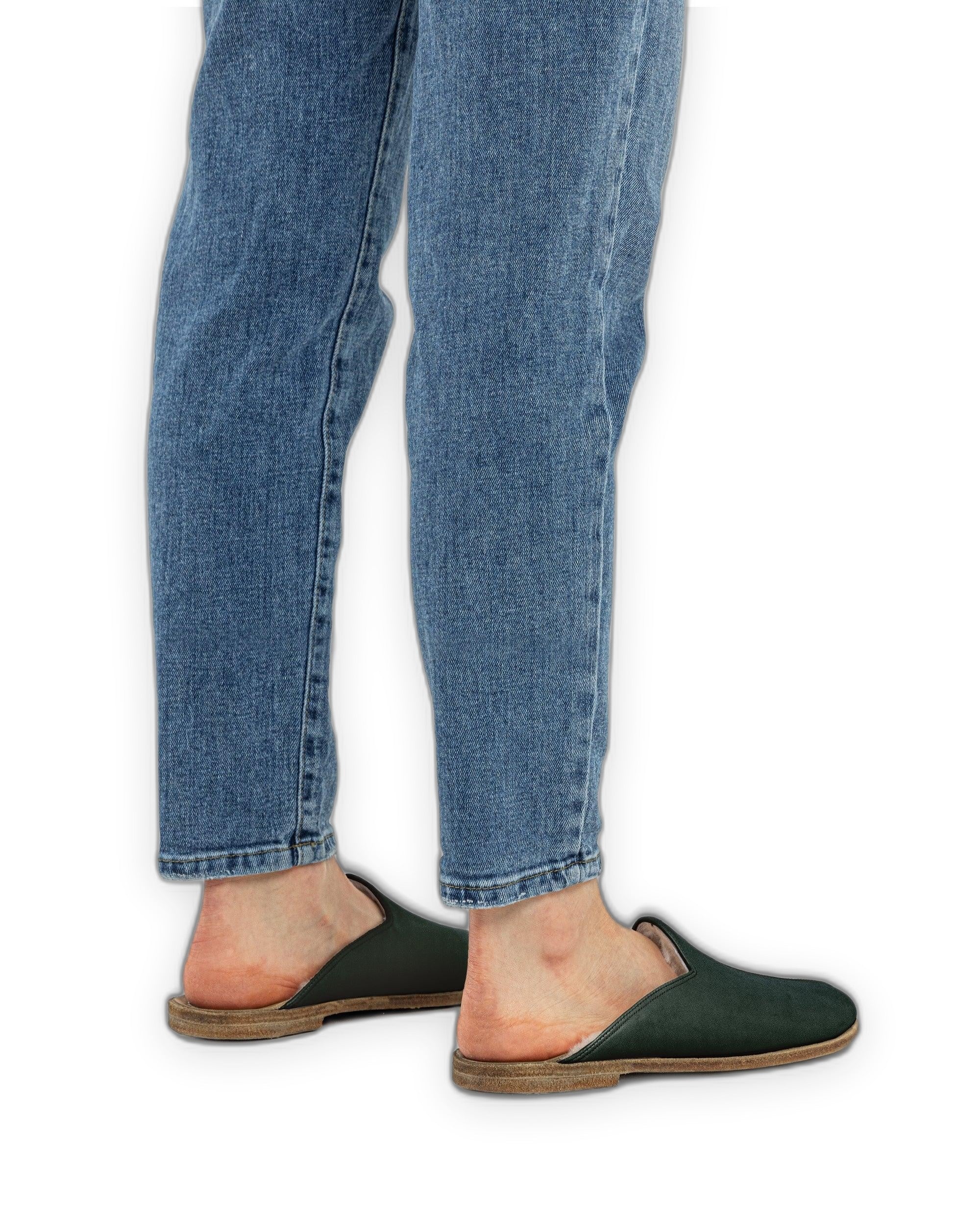 Detail Dark Green Shearling Slippers - Handcrafted Calf Leather Turkey | Bespoky