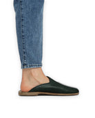 Pair Dark Green Shearling Slippers - Barefoot Wide Toe Calf Leather | Bespoky
