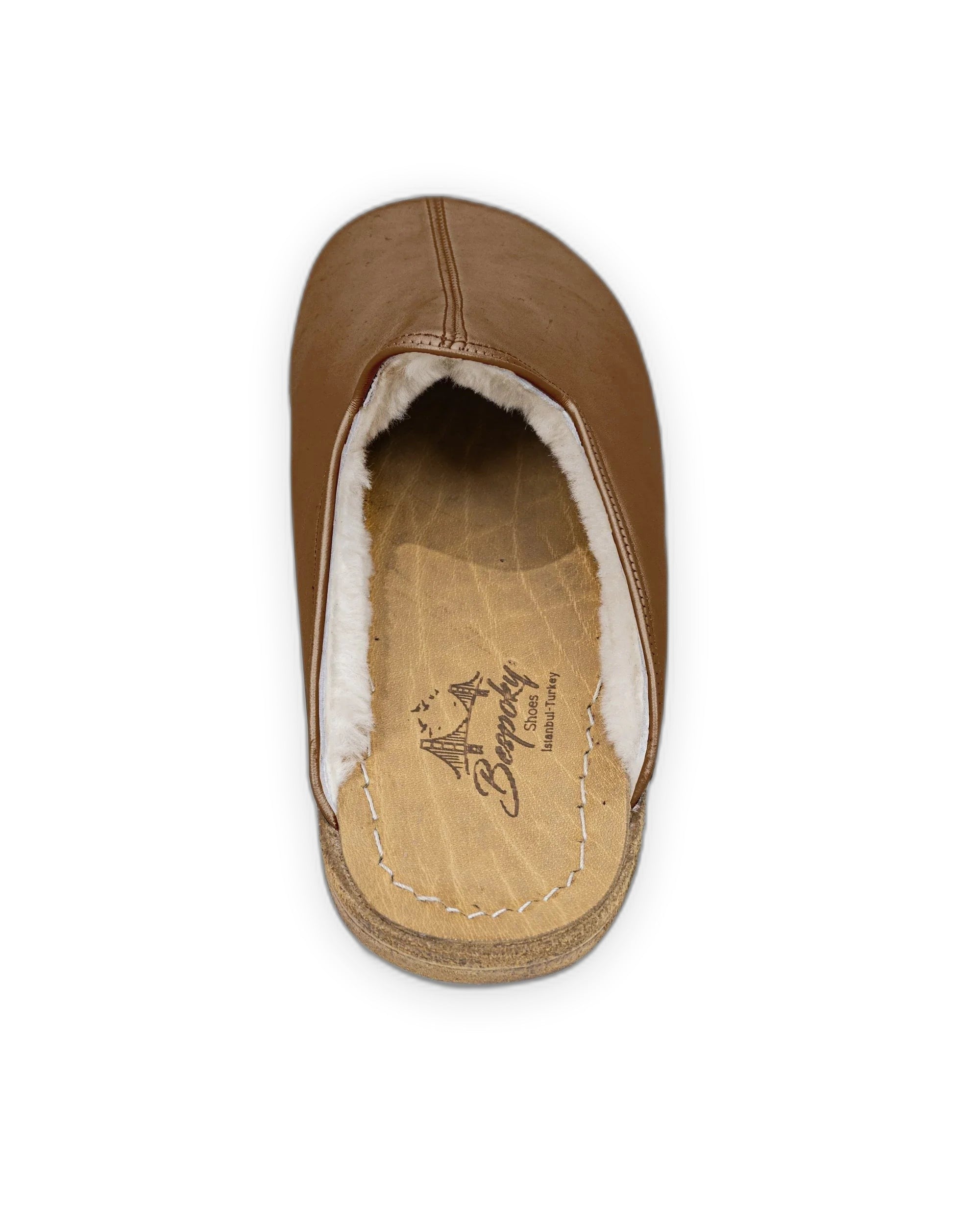 Top view Dark Tan Shearling Slippers - Handcrafted Calf Leather | Bespoky