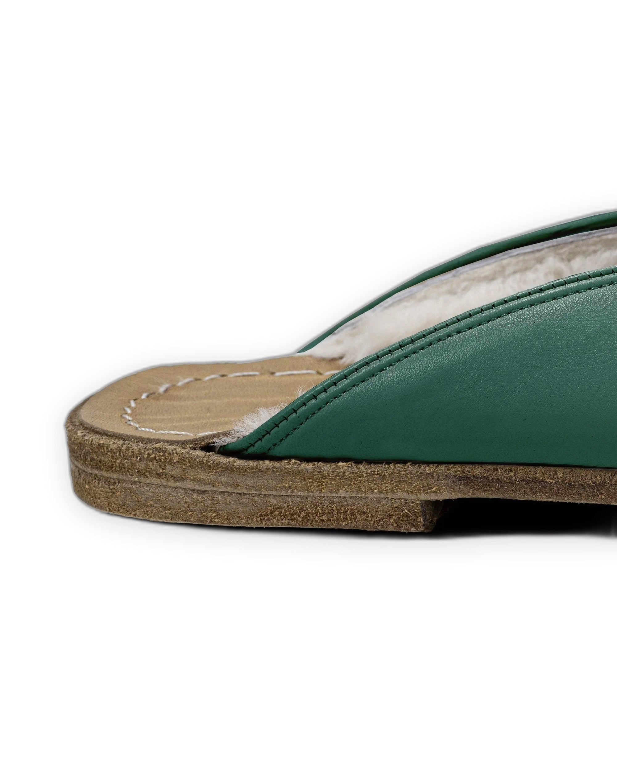 Detail Green Shearling Slippers - Handcrafted Calf Leather Turkey | Bespoky