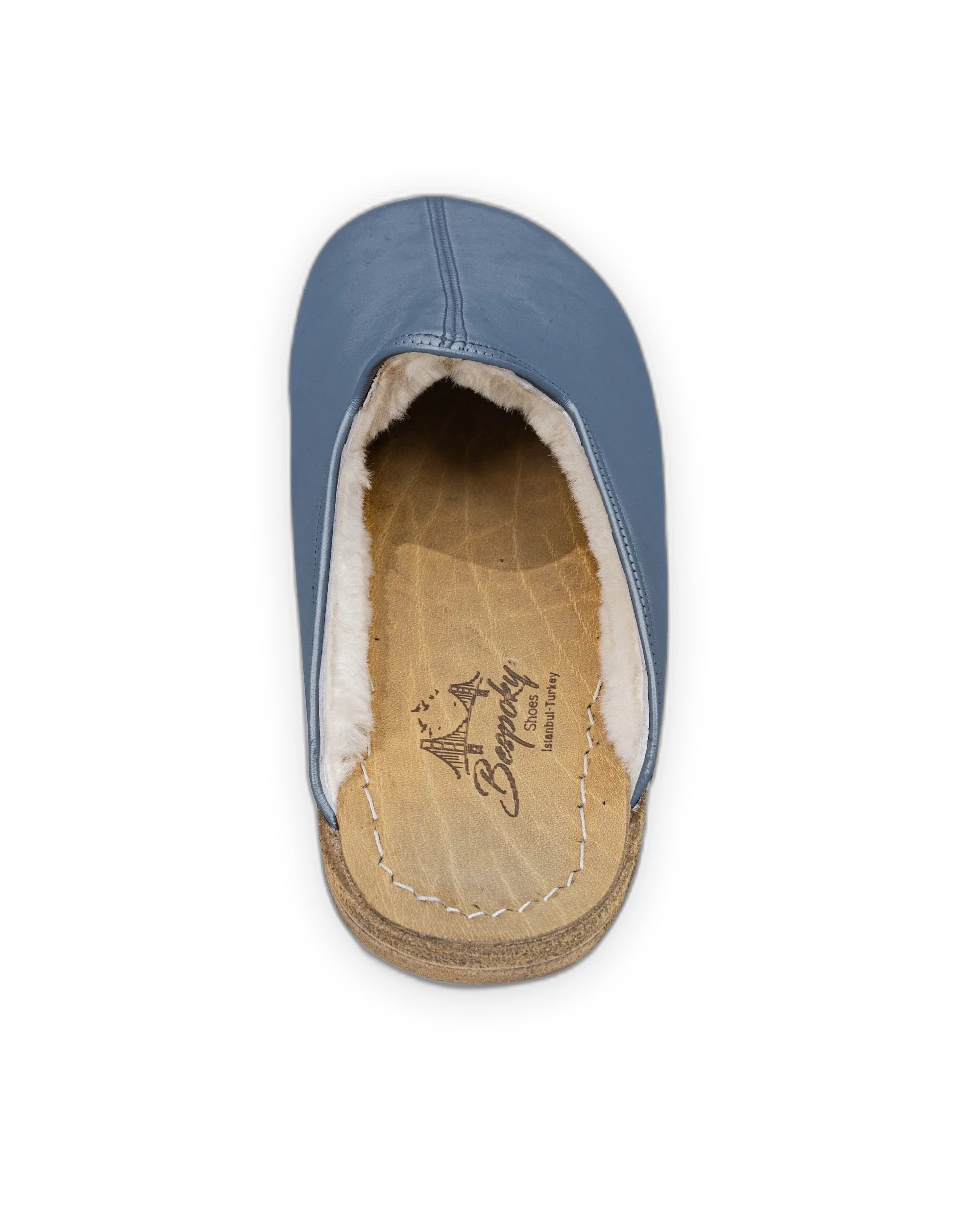 Back view Jean Blue Shearling Slippers - Calf Leather Handcrafted | Bespoky