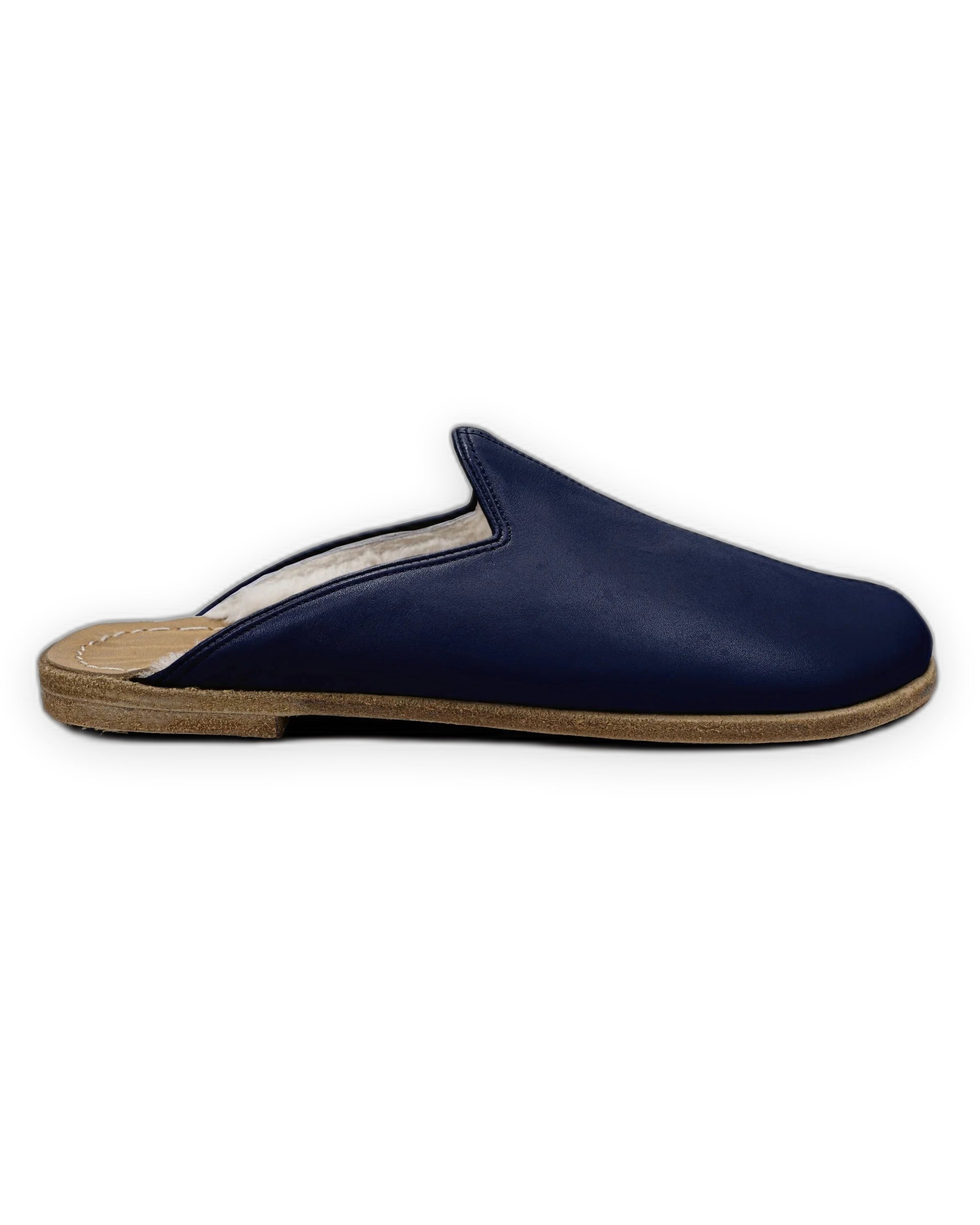 Side view Navy Blue Shearling Slippers - Calf Leather Zero Drop | Bespoky