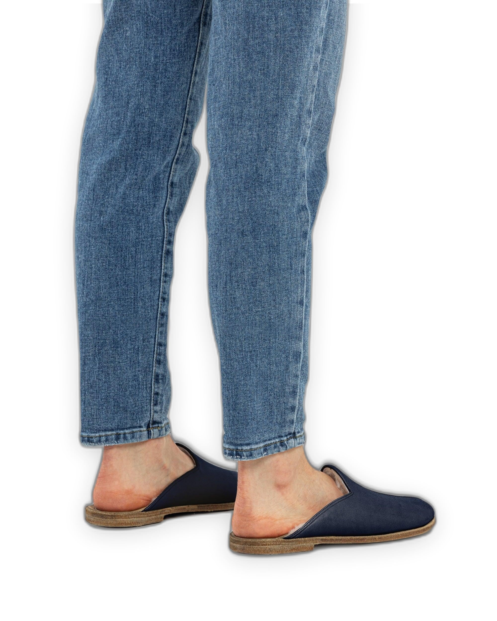 Detail Navy Blue Shearling Slippers - Handcrafted Calf Leather Turkey | Bespoky