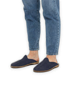 Detail Navy Nubuck Shearling Slippers - Handcrafted Calf Leather Turkey | Bespoky