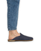Pair Navy Nubuck Shearling Slippers - Barefoot Wide Toe Calf Leather | Bespoky