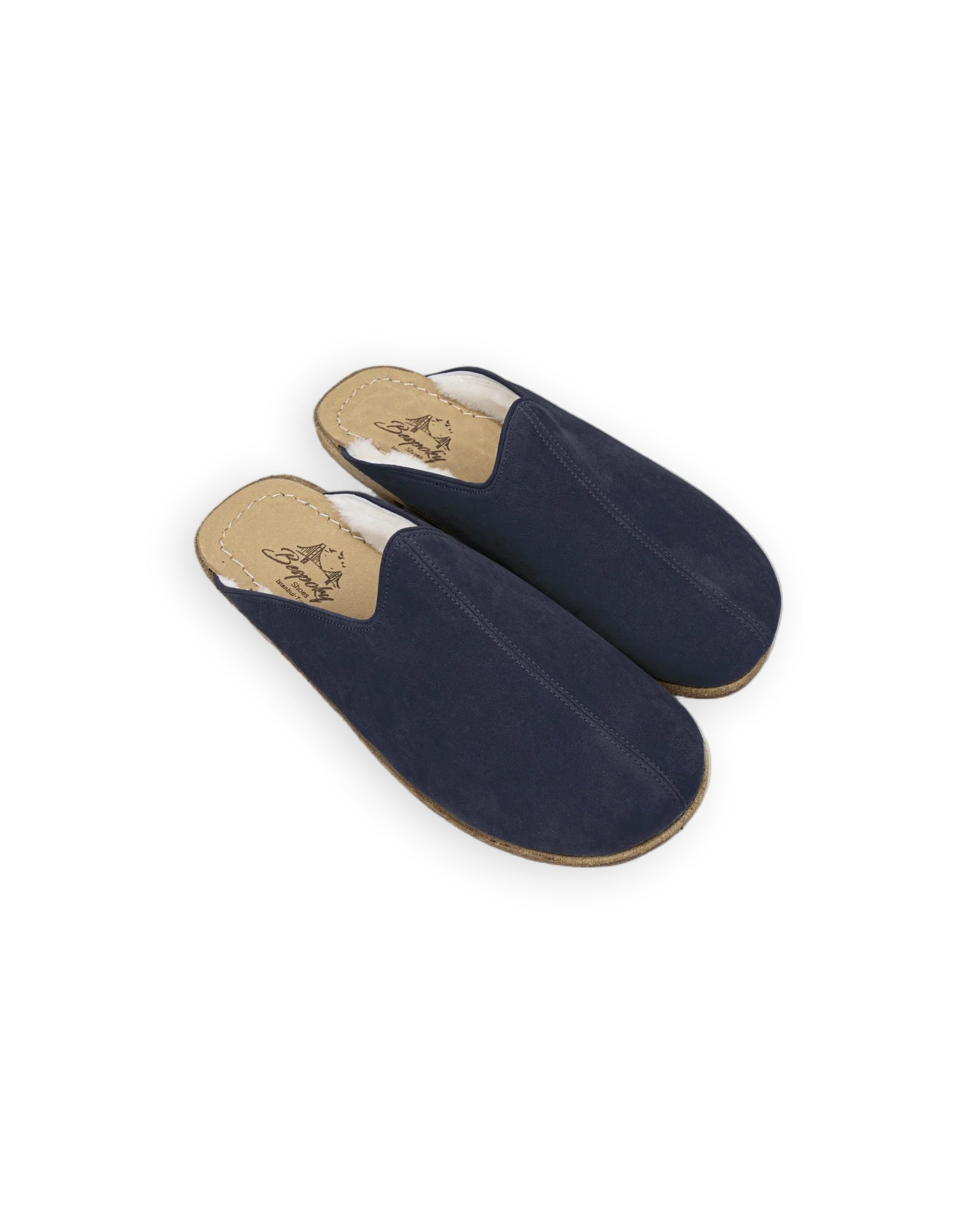 Men's Navy Nubuck Shearling Slippers - Handcrafted Calf Leather Wide Toe Box | Bespoky