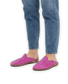 Detail Pink Nubuck Shearling Slippers - Handcrafted Calf Leather Turkey | Bespoky