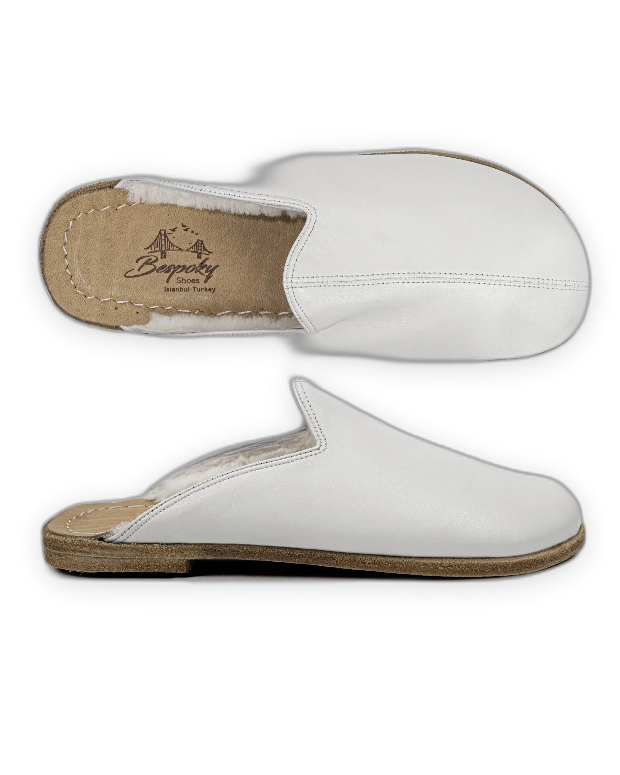 Back view White Shearling Slippers - Calf Leather Handcrafted | Bespoky