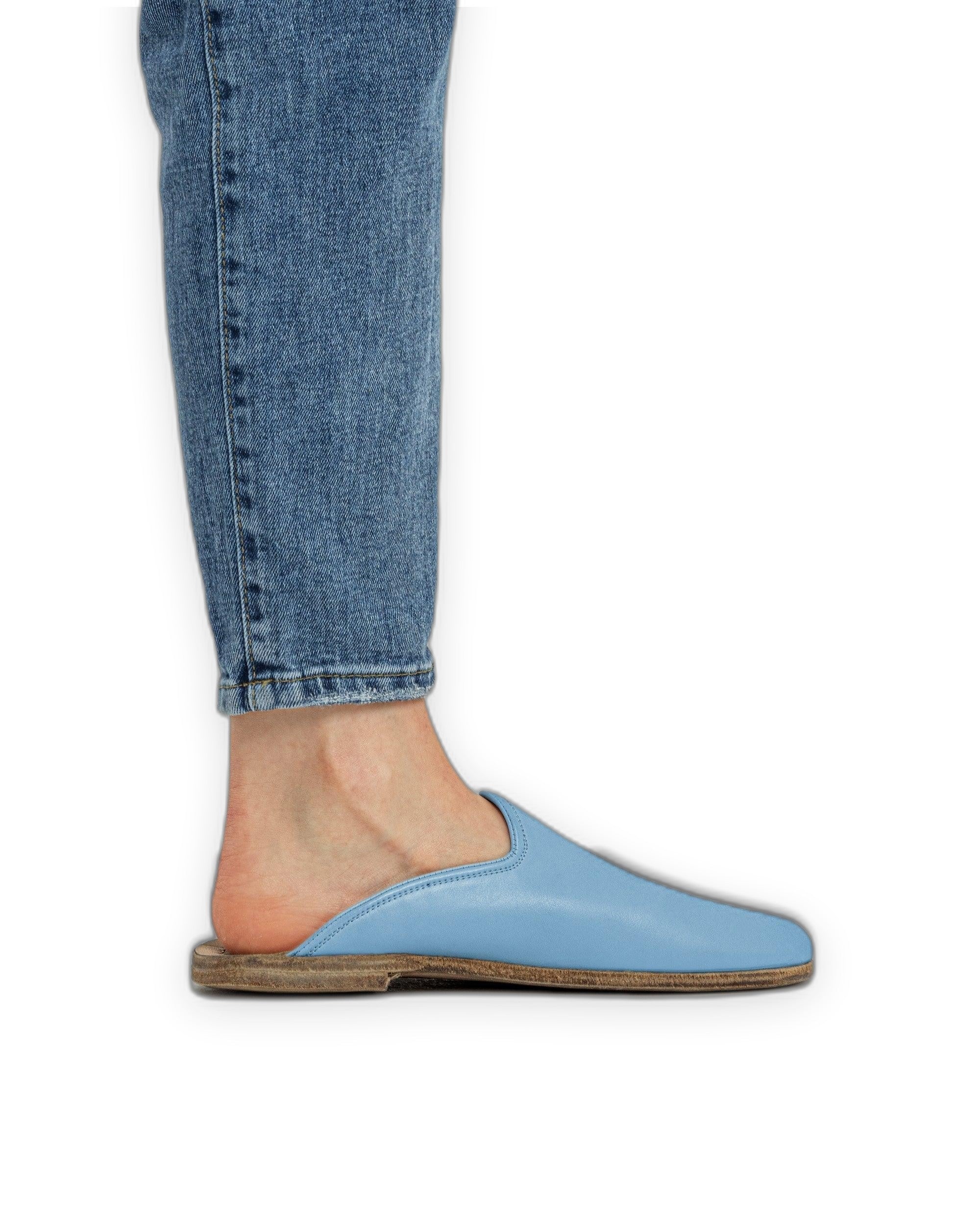 Detail Baby Blue Shearling Slippers - Handcrafted Calf Leather Turkey | Bespoky