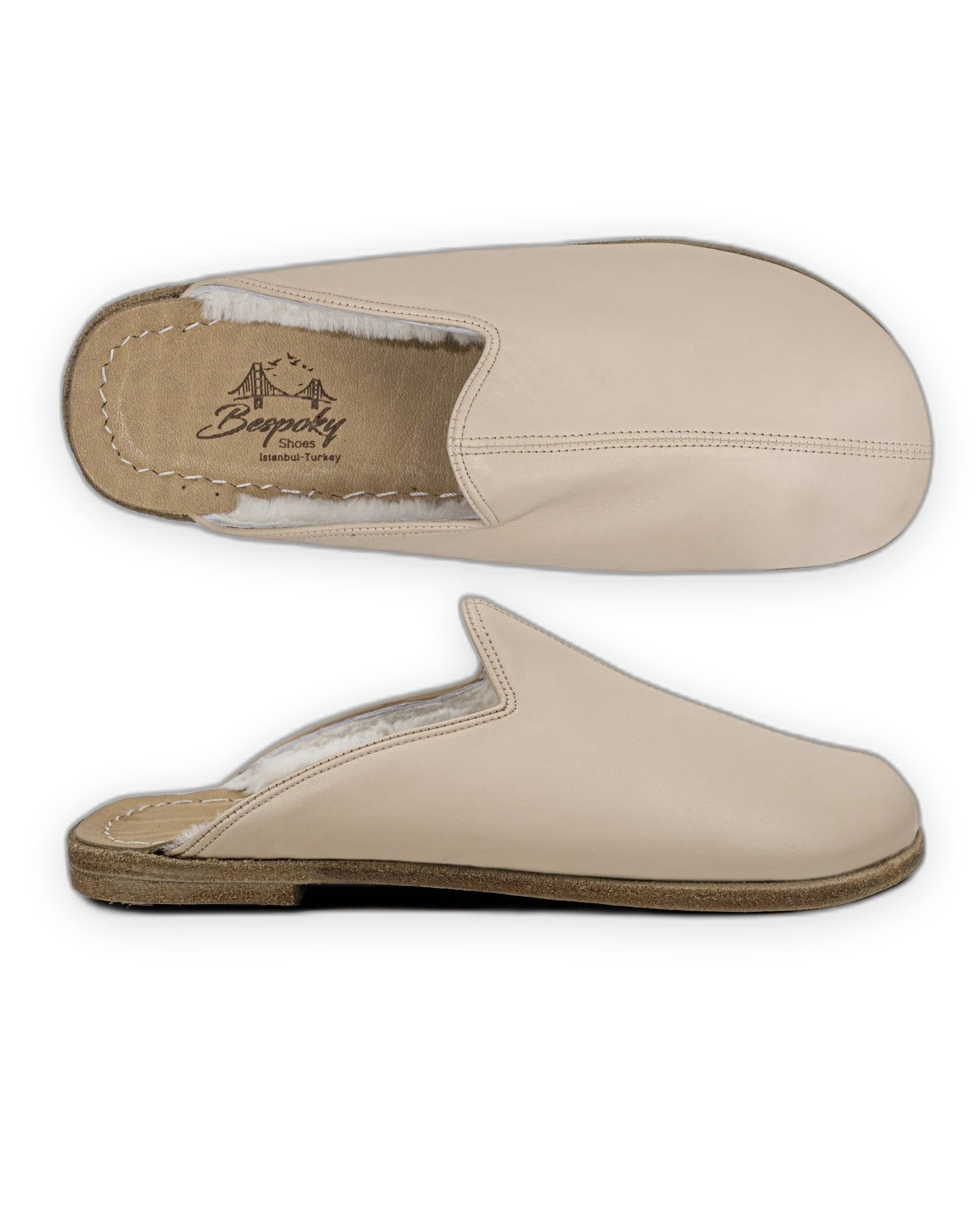 Top view Beige Shearling Slippers - Handcrafted Calf Leather | Bespoky