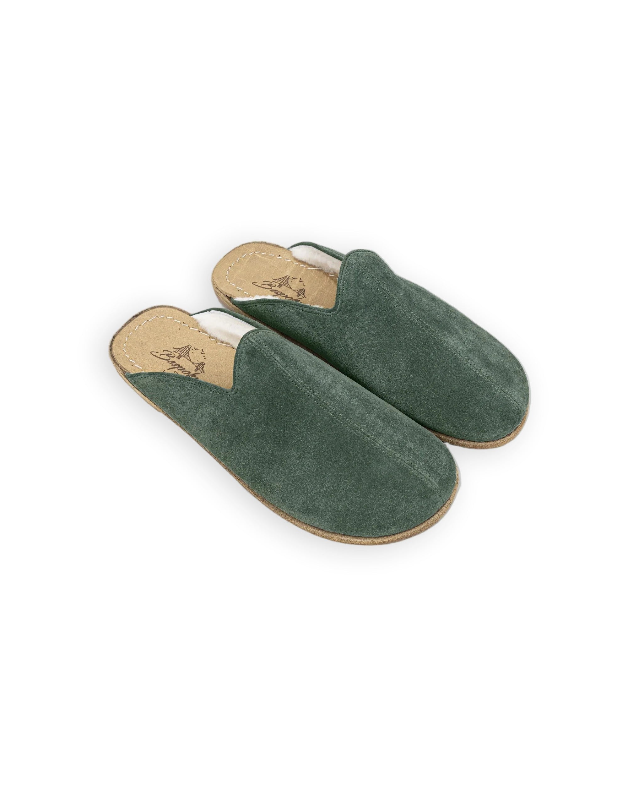 Women's Green Shearling Slippers - Handcrafted Calf Leather Wide Toe Box | Bespoky