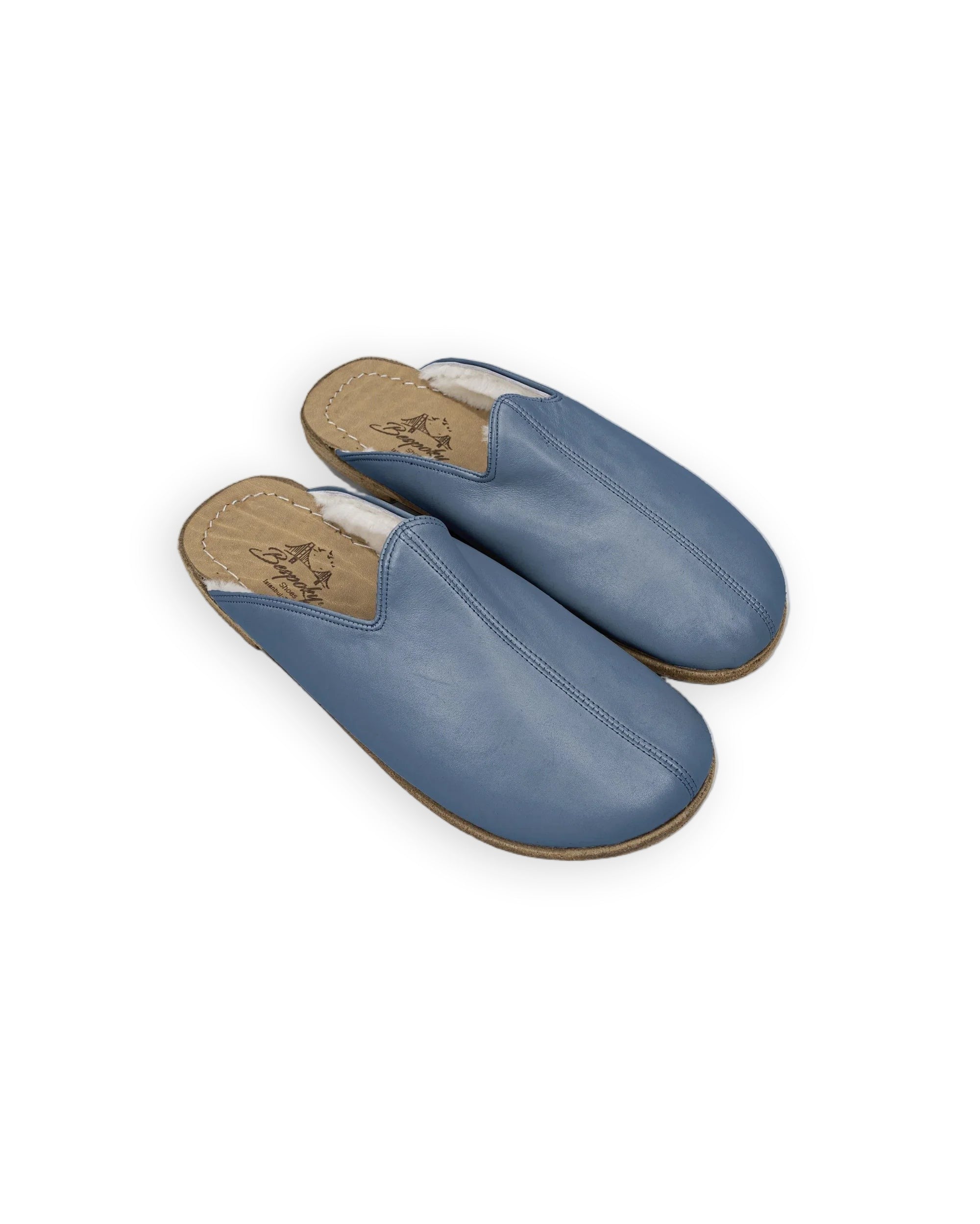Women's Jean Blue Shearling Slippers - Handcrafted Calf Leather Wide Toe Box | Bespoky