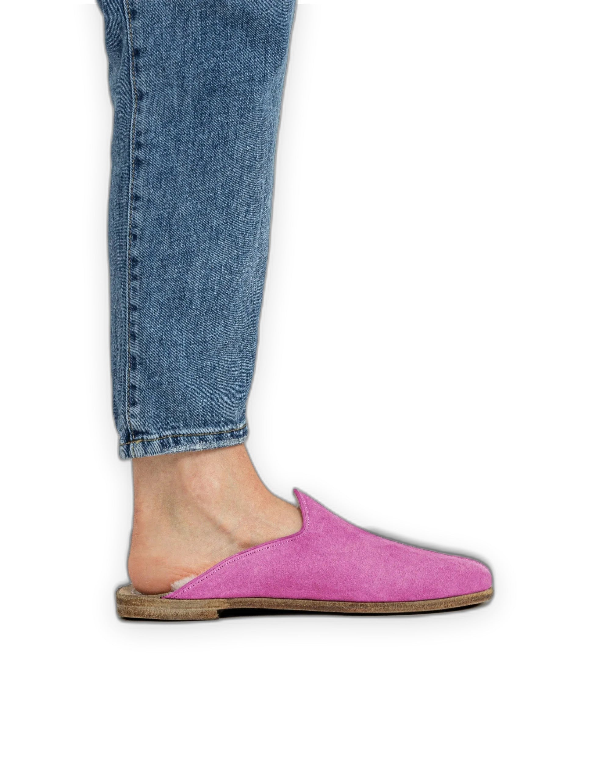 Pair Pink Shearling Slippers - Barefoot Wide Toe Calf Leather | Bespoky