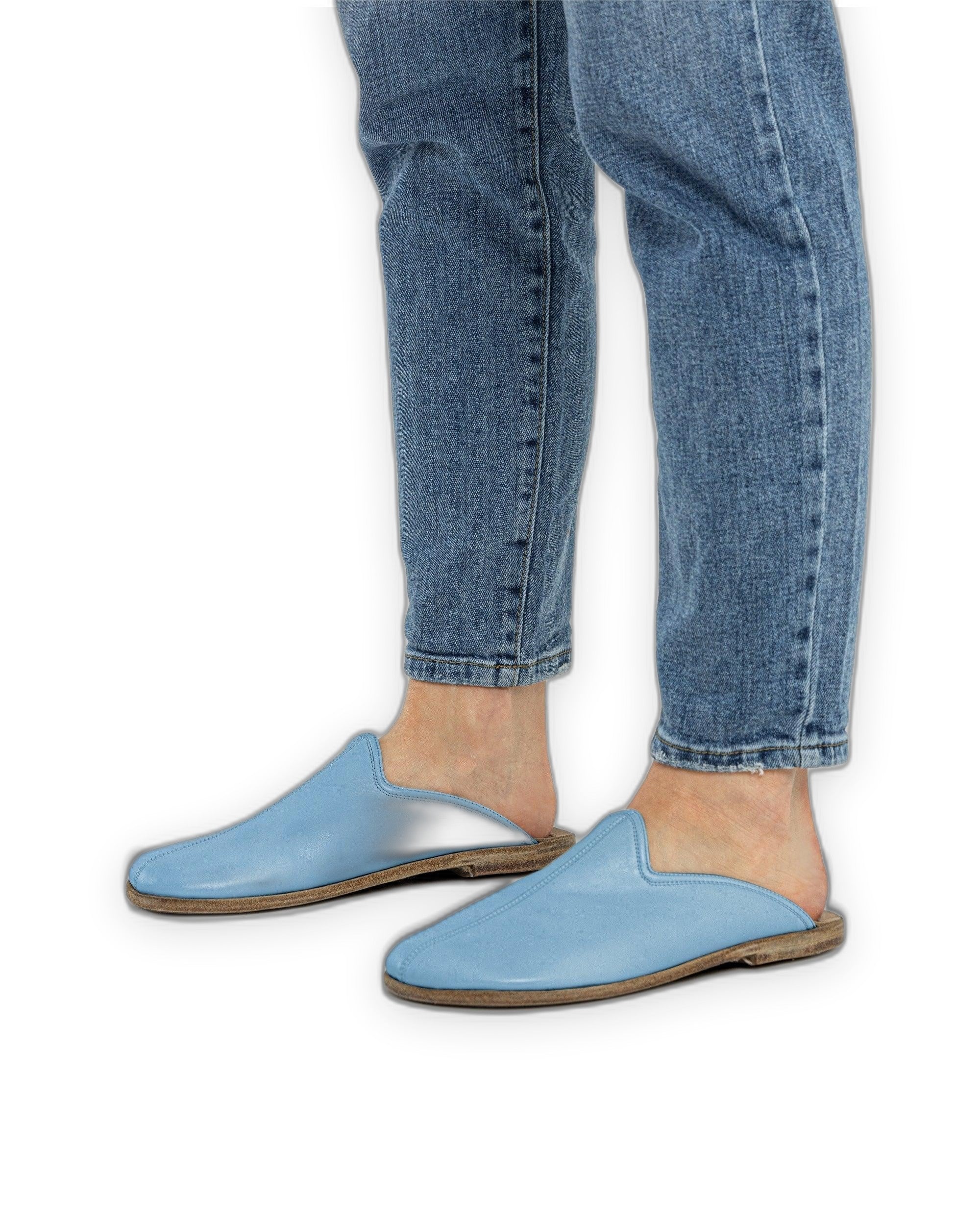 Top view Baby Blue Slippers - Handcrafted Calf Leather | Bespoky