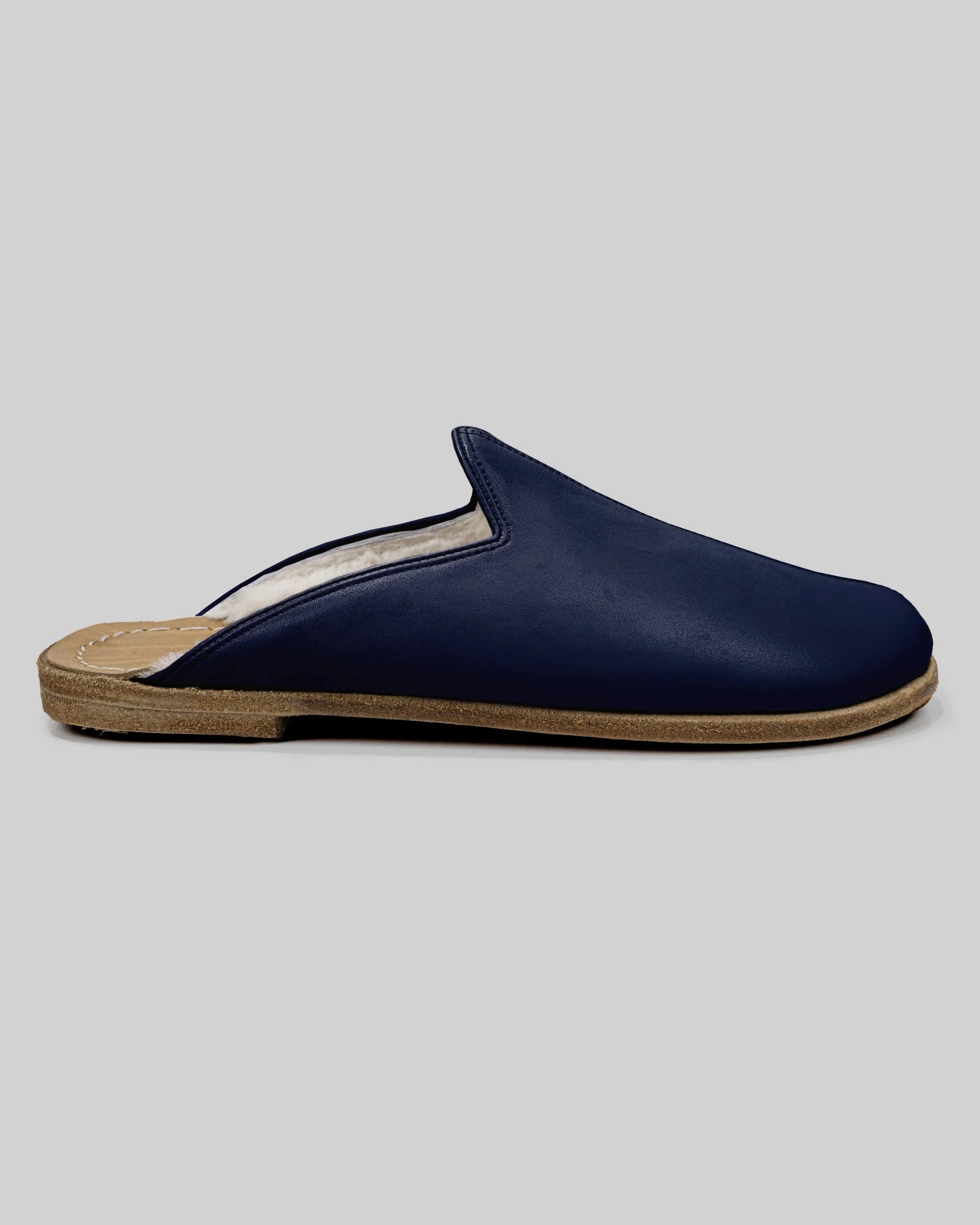 Side view Navy Blue Shearling Slippers - Calf Leather Zero Drop | Bespoky