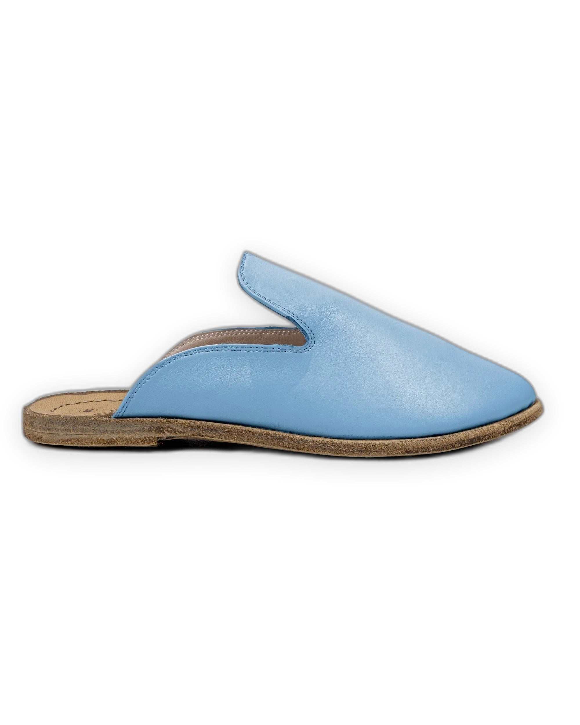 Side view Baby Blue Pointed Toe Mules - Calf Leather Zero Drop | Bespoky