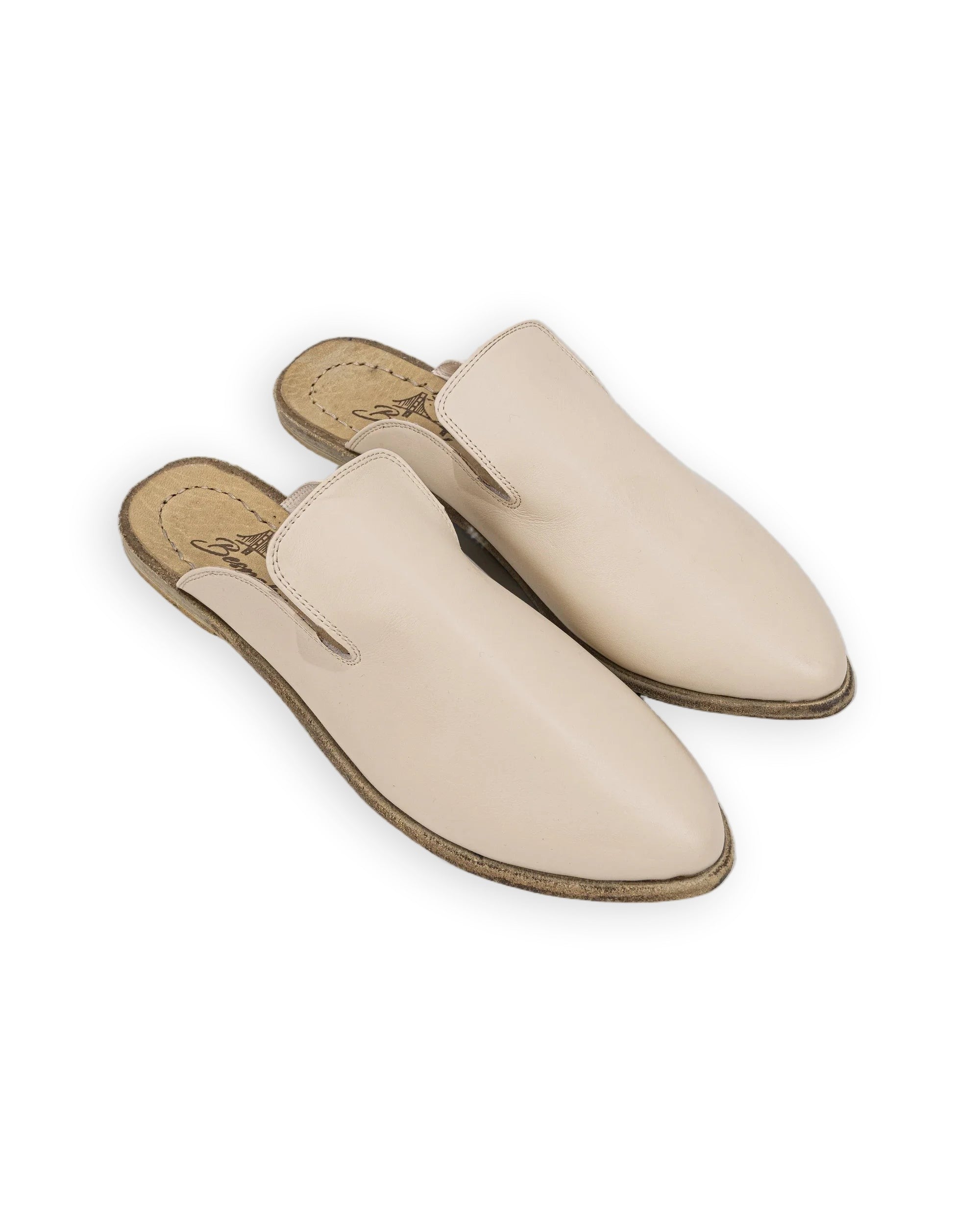 Women's Beige Pointed Toe Mules - Handcrafted Calf Leather Wide Toe Box | Bespoky