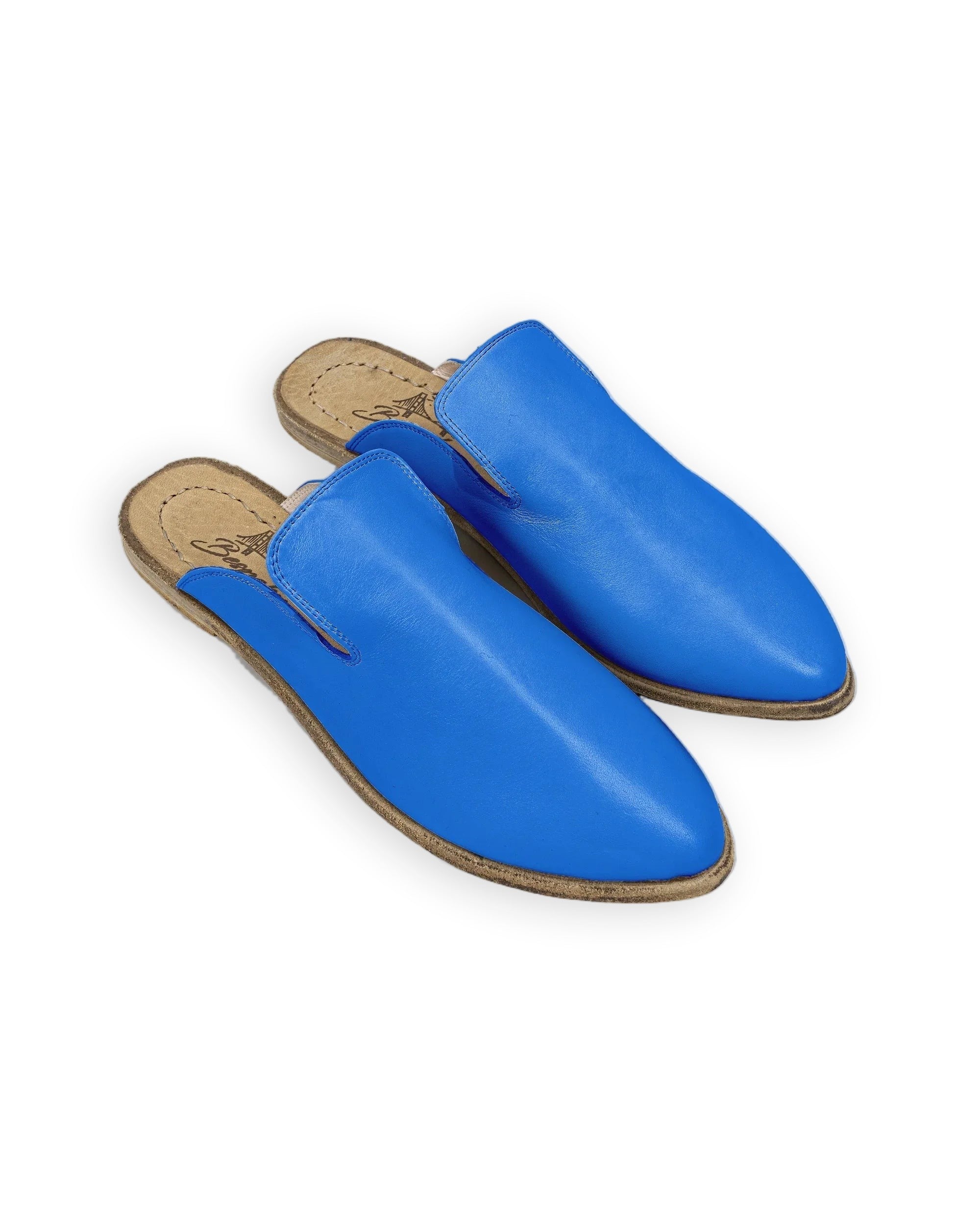Women's Blue Pointed Toe Mules - Handcrafted Calf Leather Wide Toe Box | Bespoky