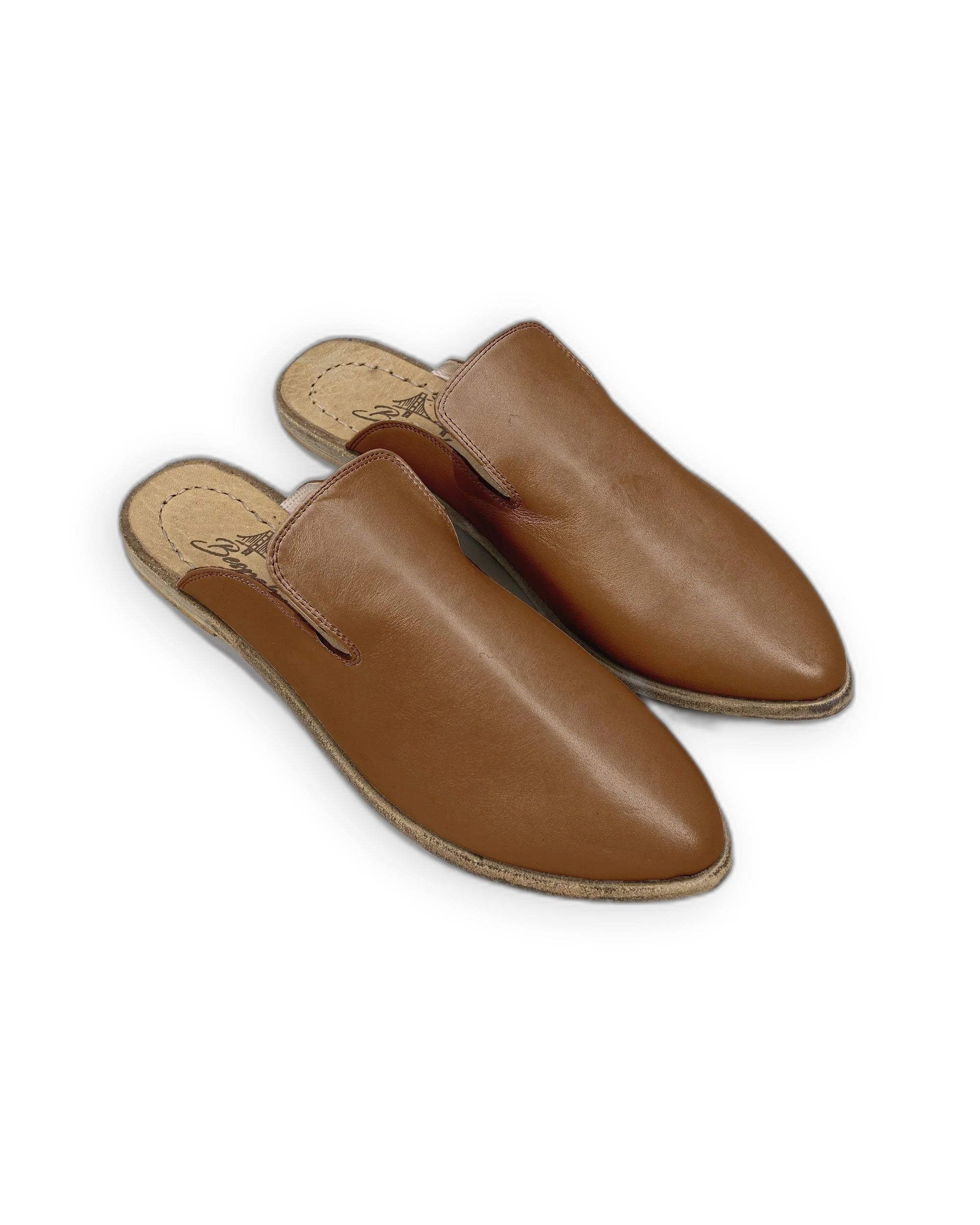 Women's Dark Tan Pointed Toe Mules - Handcrafted Calf Leather Wide Toe Box | Bespoky