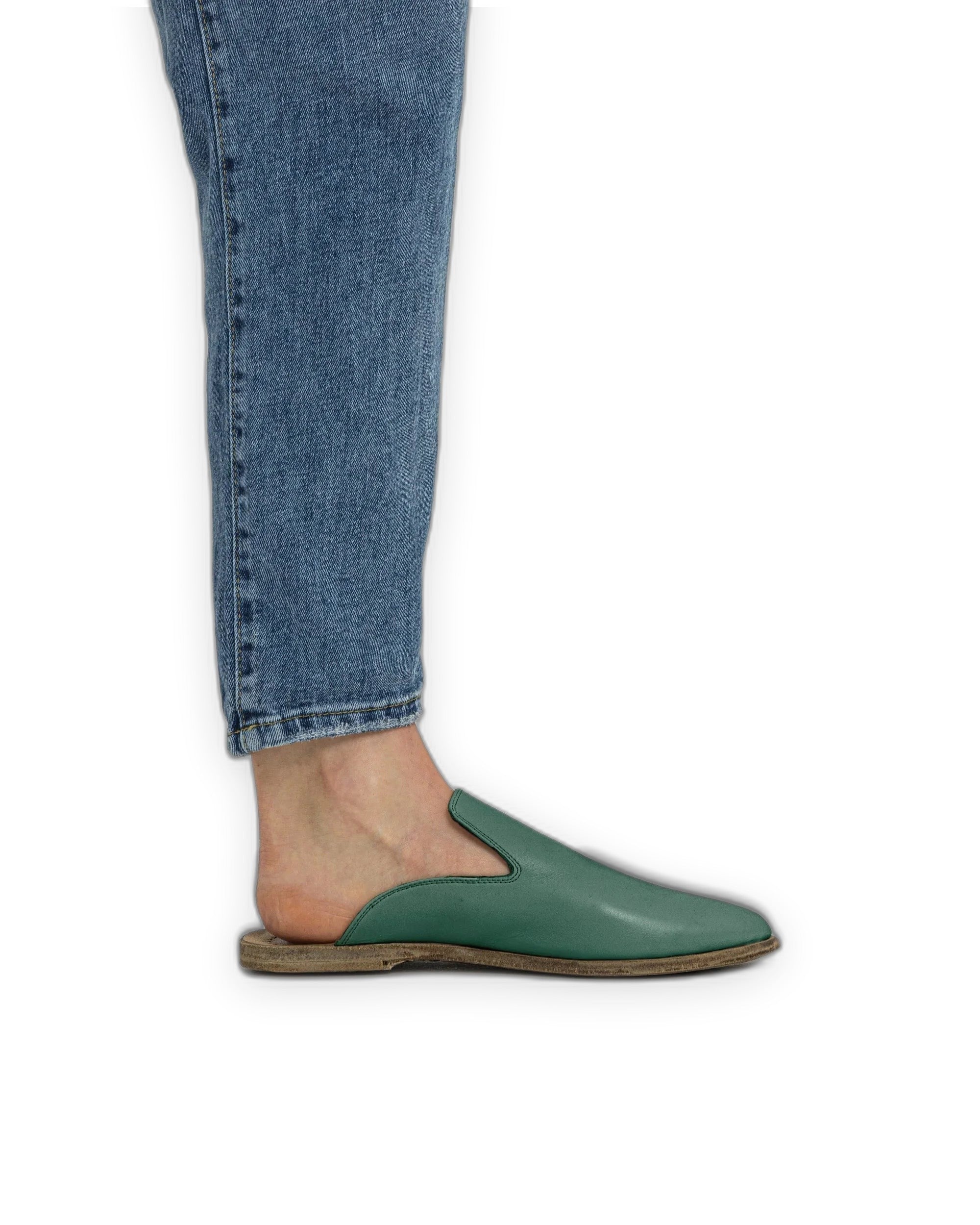 Detail Green Pointed Toe Mules - Handcrafted Calf Leather Turkey | Bespoky