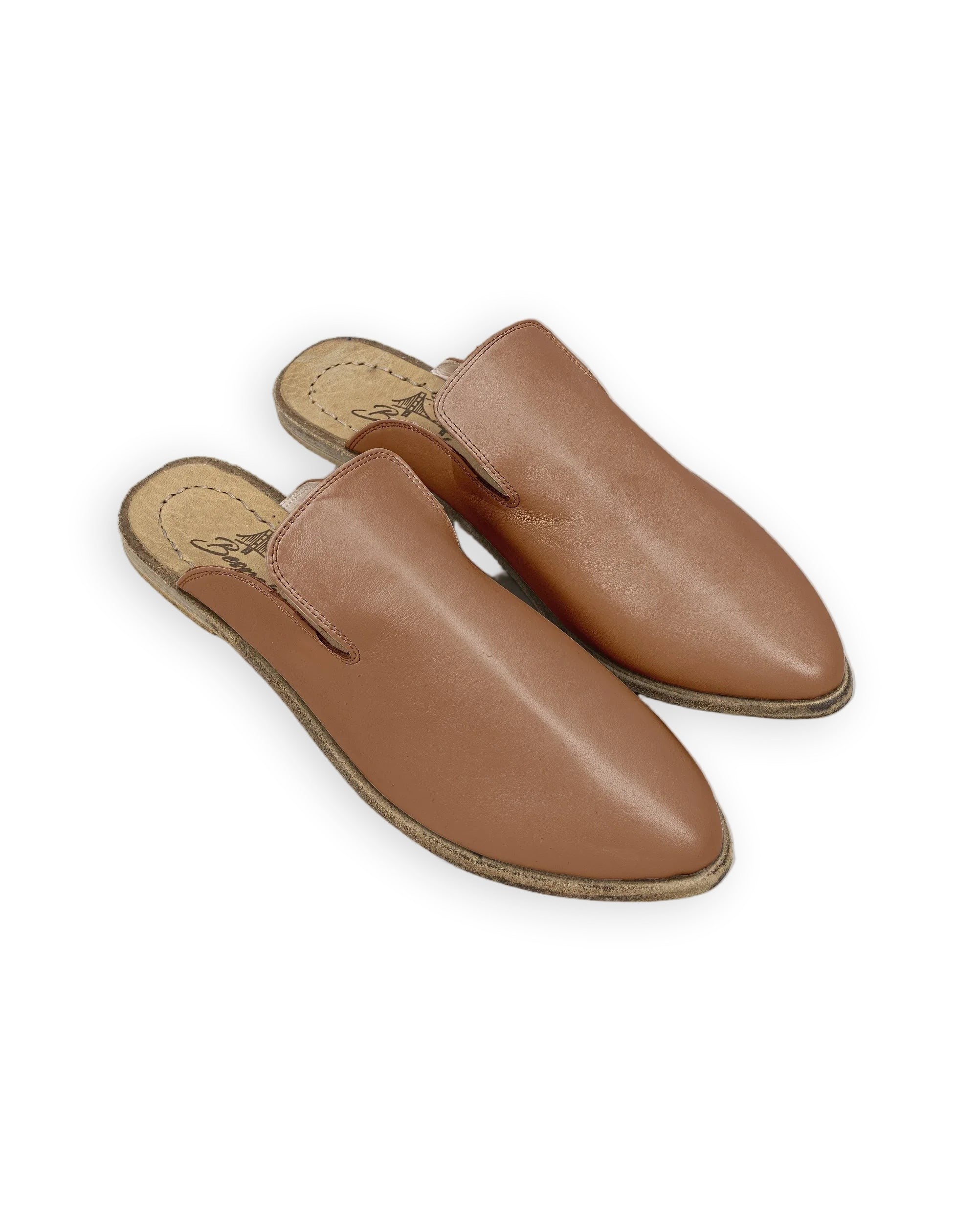 Women's Tan Pointed Toe Mules - Handcrafted Calf Leather Wide Toe Box | Bespoky