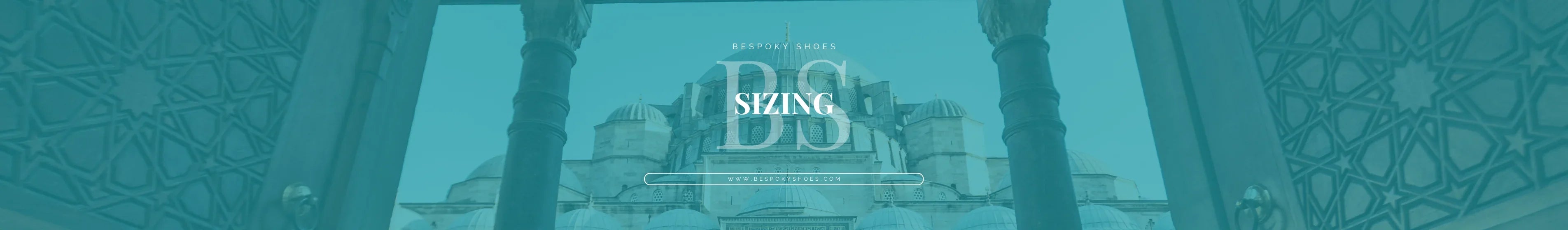 Shoe sizing guide banner with geometric patterns and architectural background