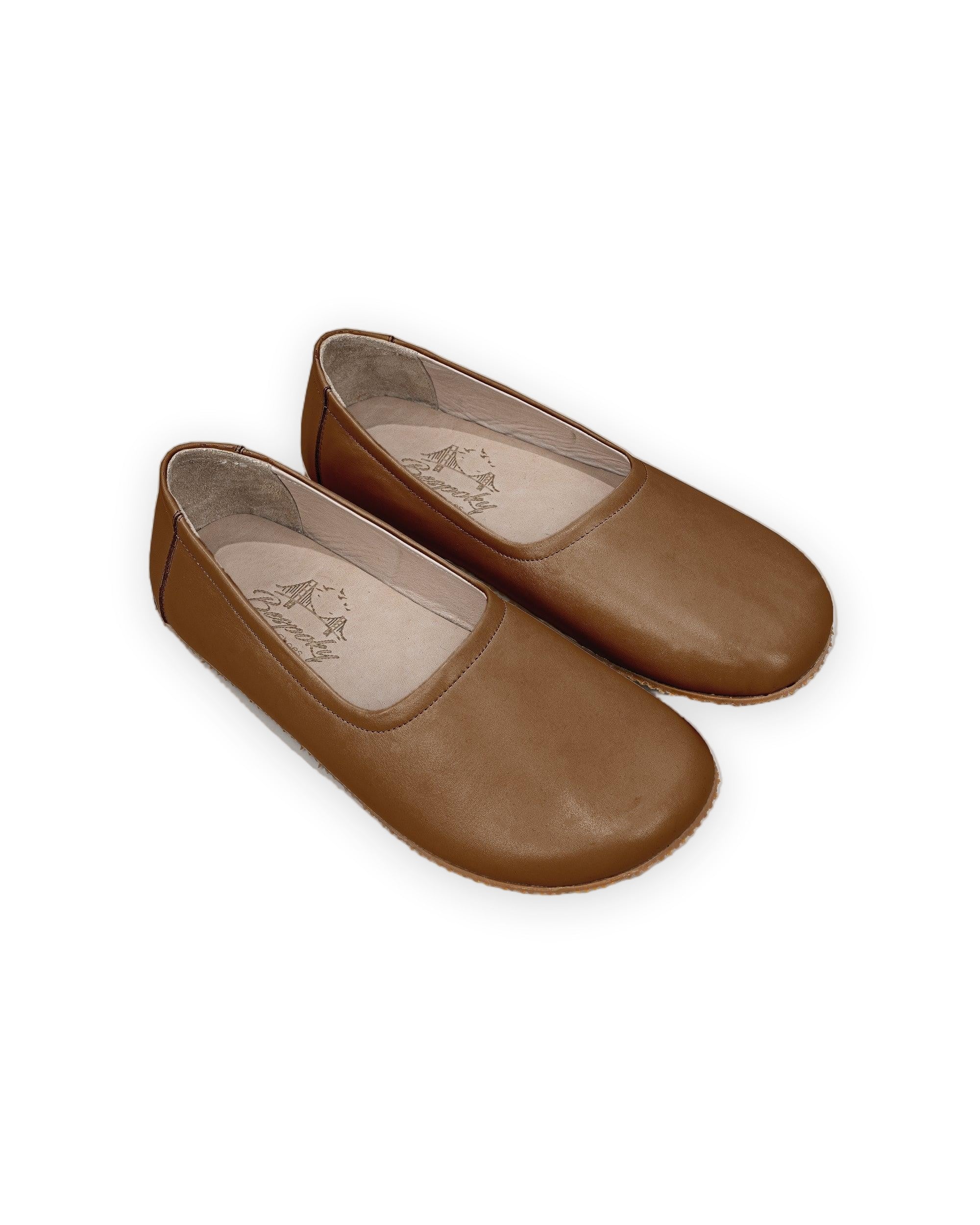 Women's Dark Tan Ballet Flats - Handcrafted Calf Leather Wide Toe Box | Bespoky