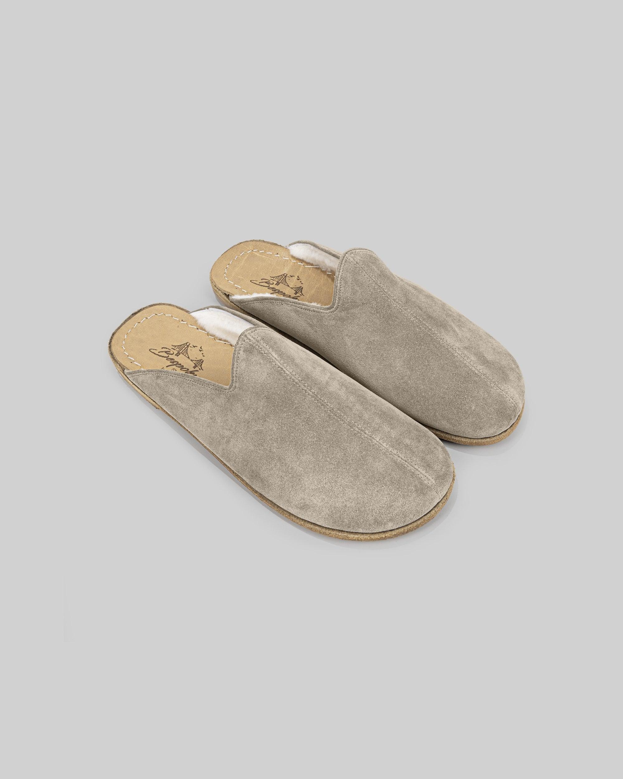 Men's Cream Suede Shearling Slippers - Handcrafted Calf Leather Wide Toe Box | Bespoky