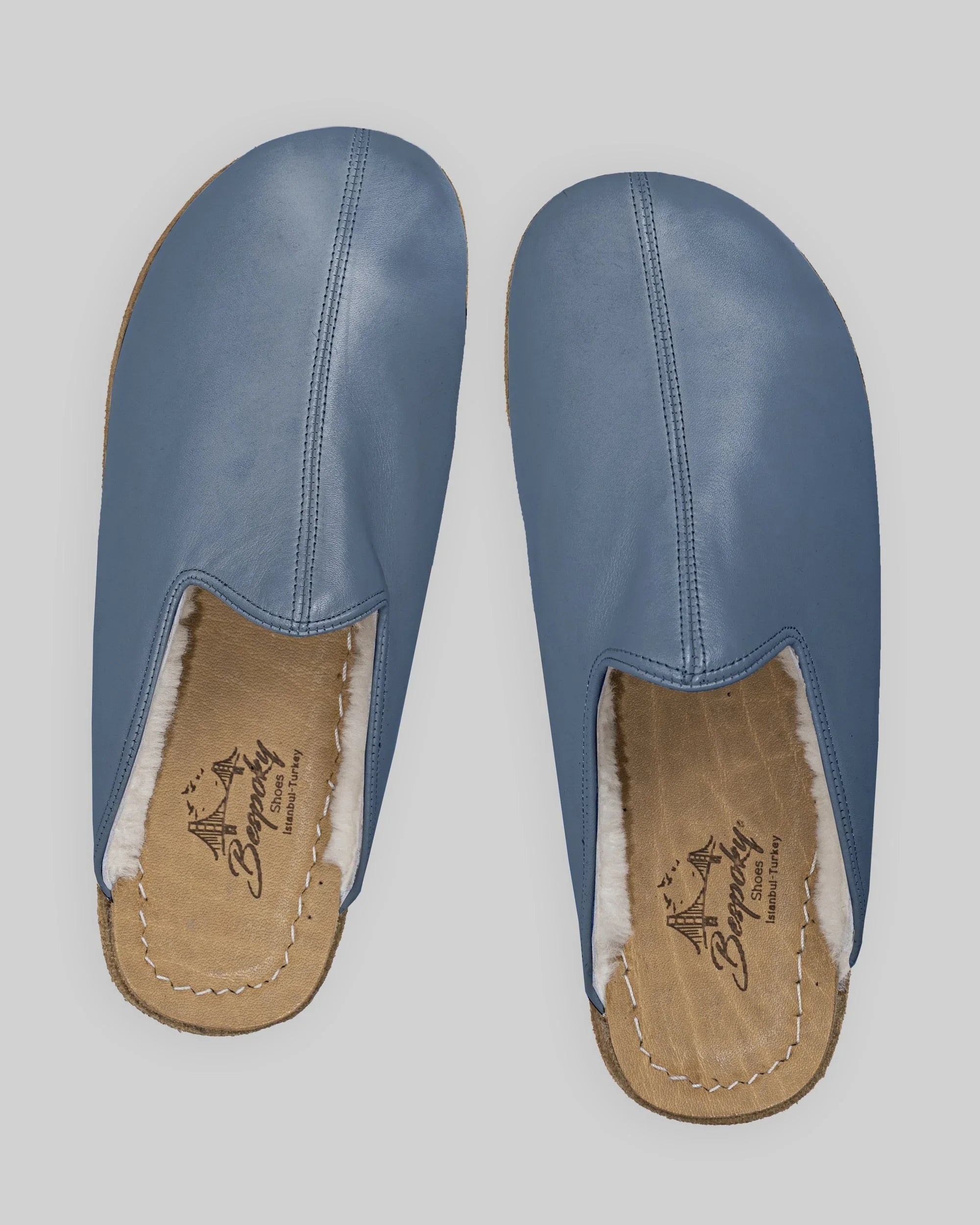 Top view Jean Blue Shearling Slippers - Handcrafted Calf Leather | Bespoky