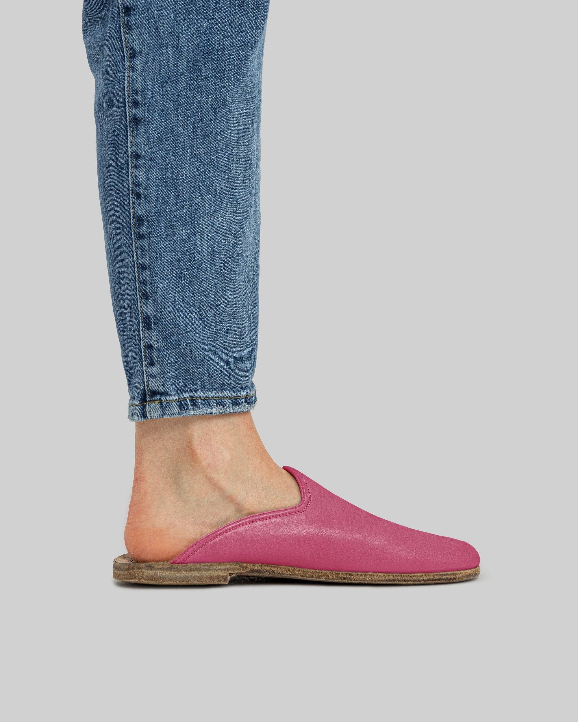 Pair Fuchsia Shearling Slippers - Barefoot Wide Toe Calf Leather | Bespoky